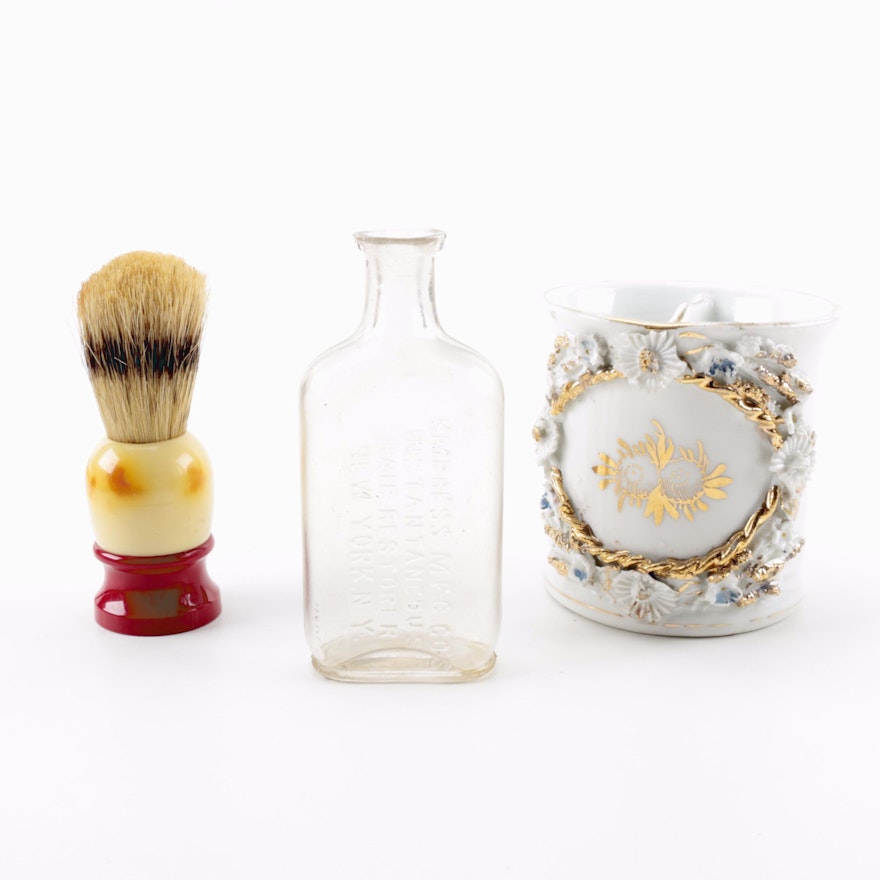 Vintage Shaving Accessories and Glass Hair Tonic Bottle
