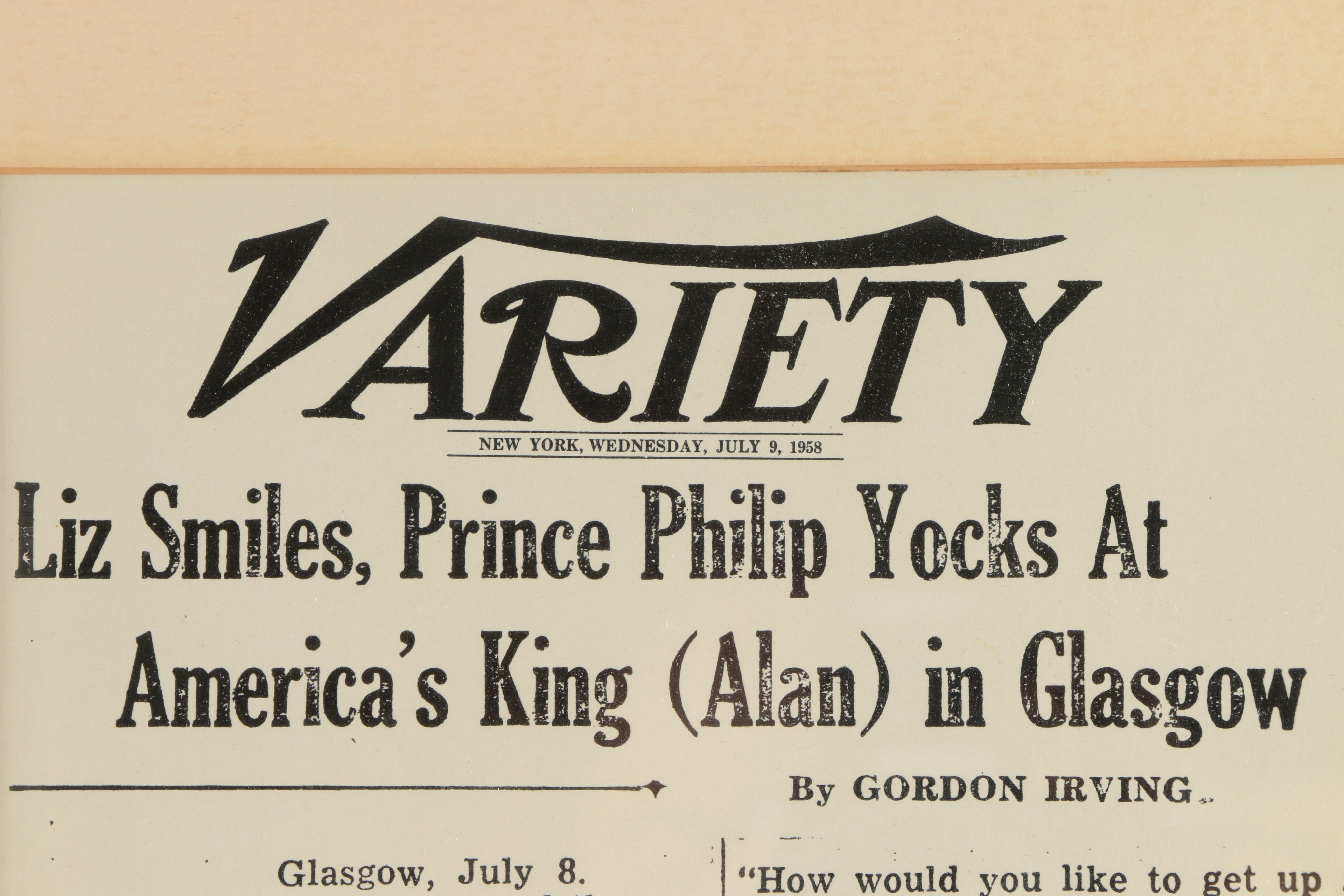 Vintage Photograph of Prince Philip and Queen Elizabeth and "Variety" Article From the Estate of Alan King