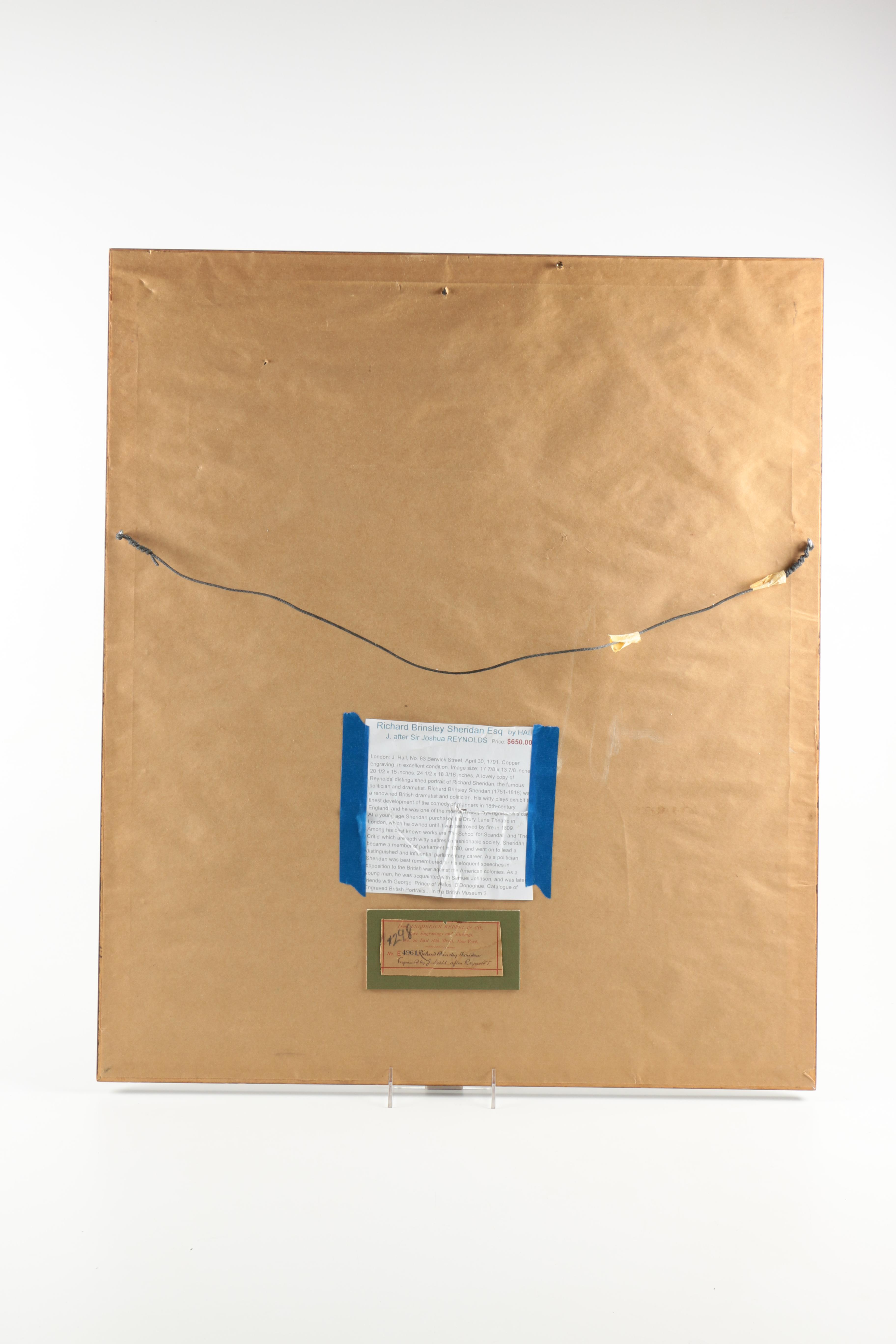 J. Hall Engraving after Sir Joshua Reynolds "Richard Brinsley Sheridan Esq."