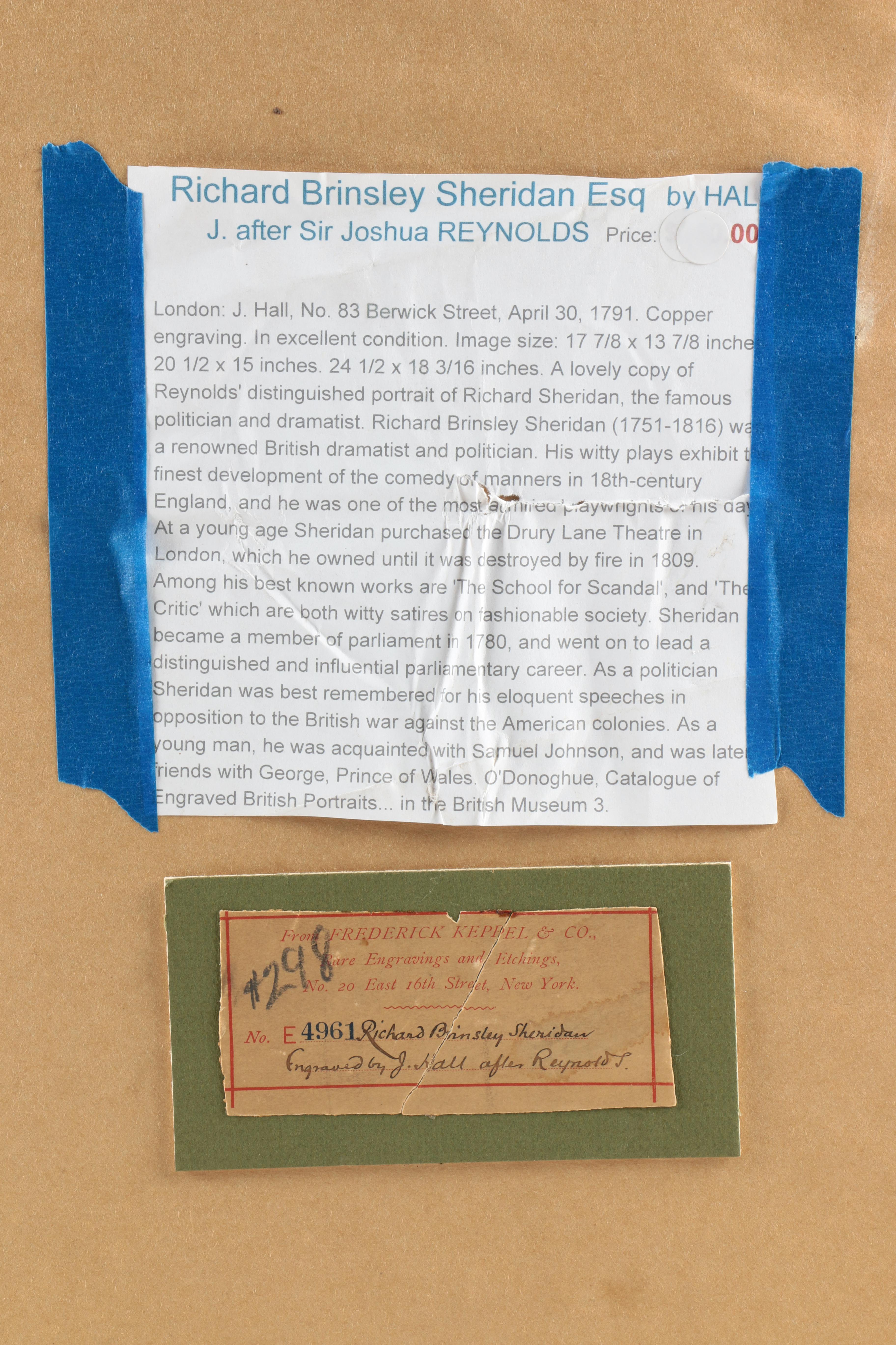 J. Hall Engraving after Sir Joshua Reynolds "Richard Brinsley Sheridan Esq."