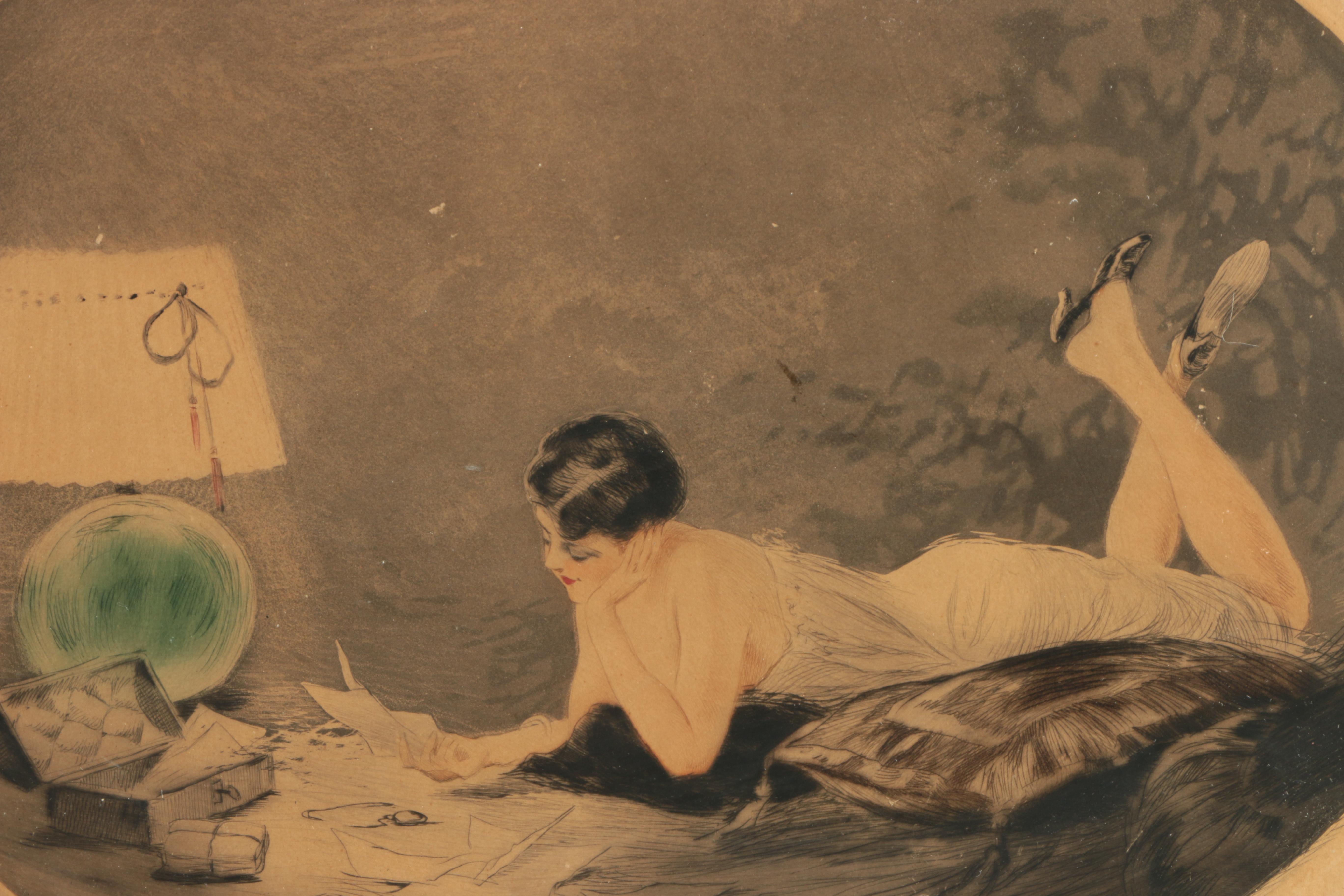 Jean Hardy Hand-Colored Etching with Aquatint of Reading Woman