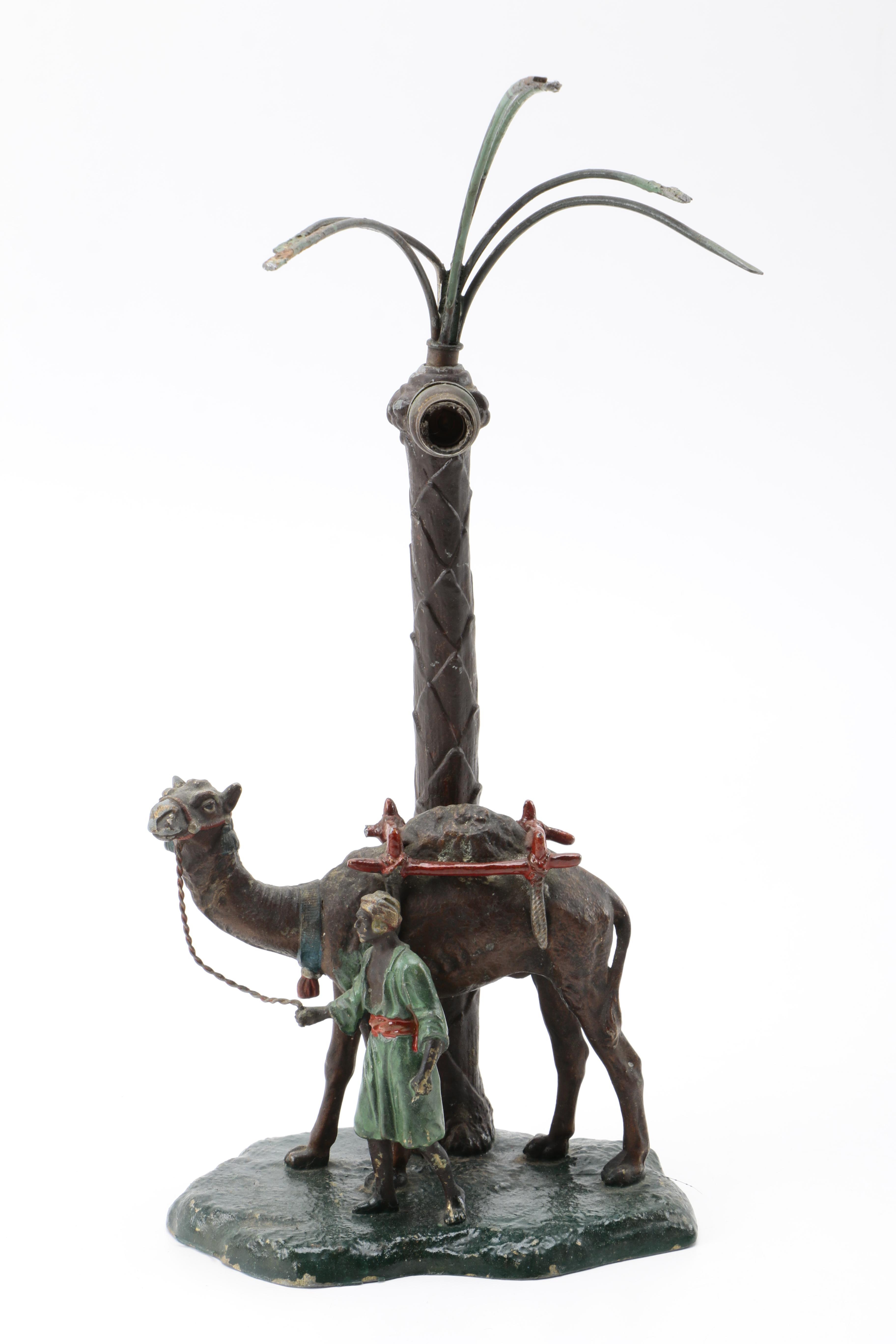 Austrian Cold-Painted Metal Sculptural Lamp of Camel and Traveler