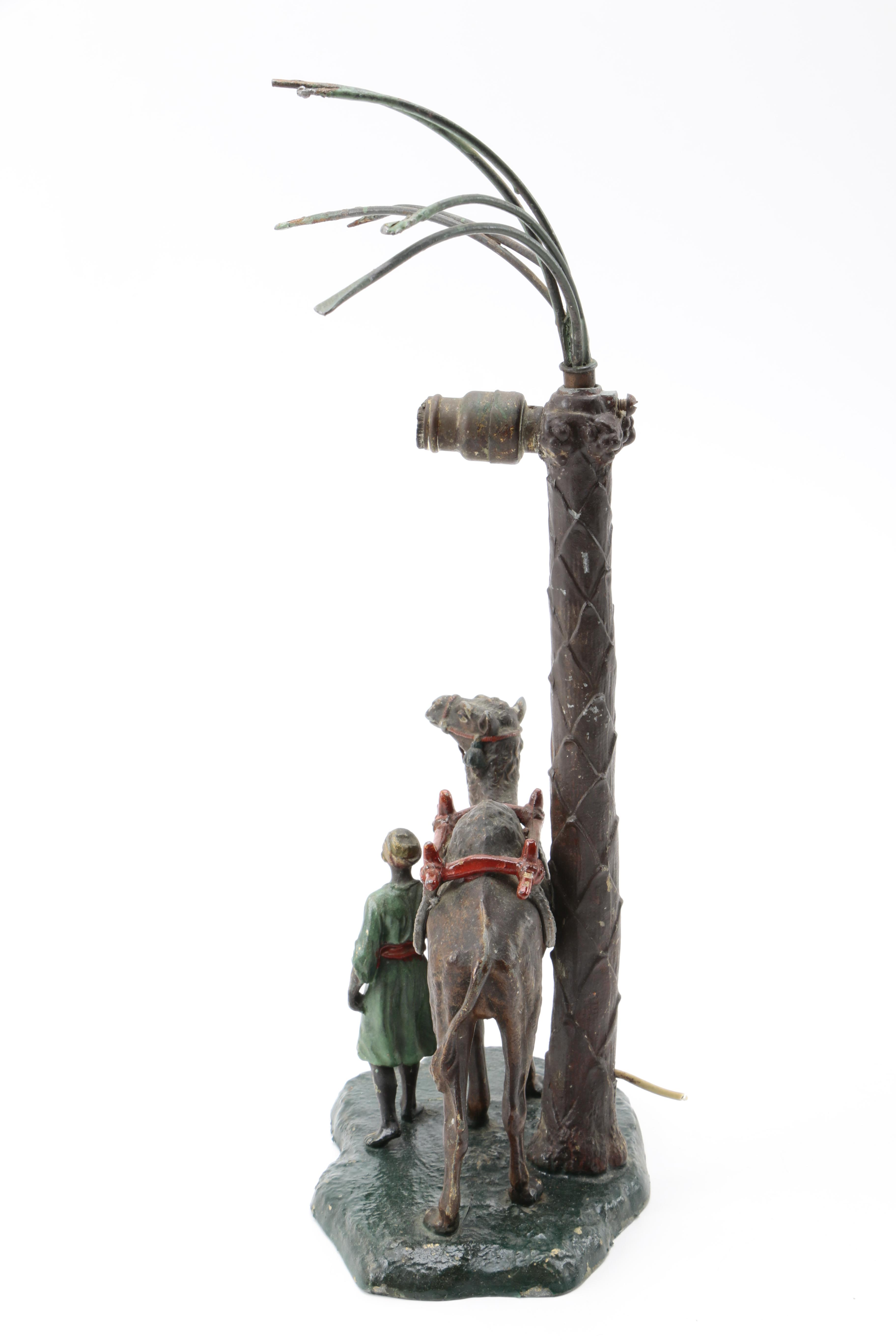 Austrian Cold-Painted Metal Sculptural Lamp of Camel and Traveler