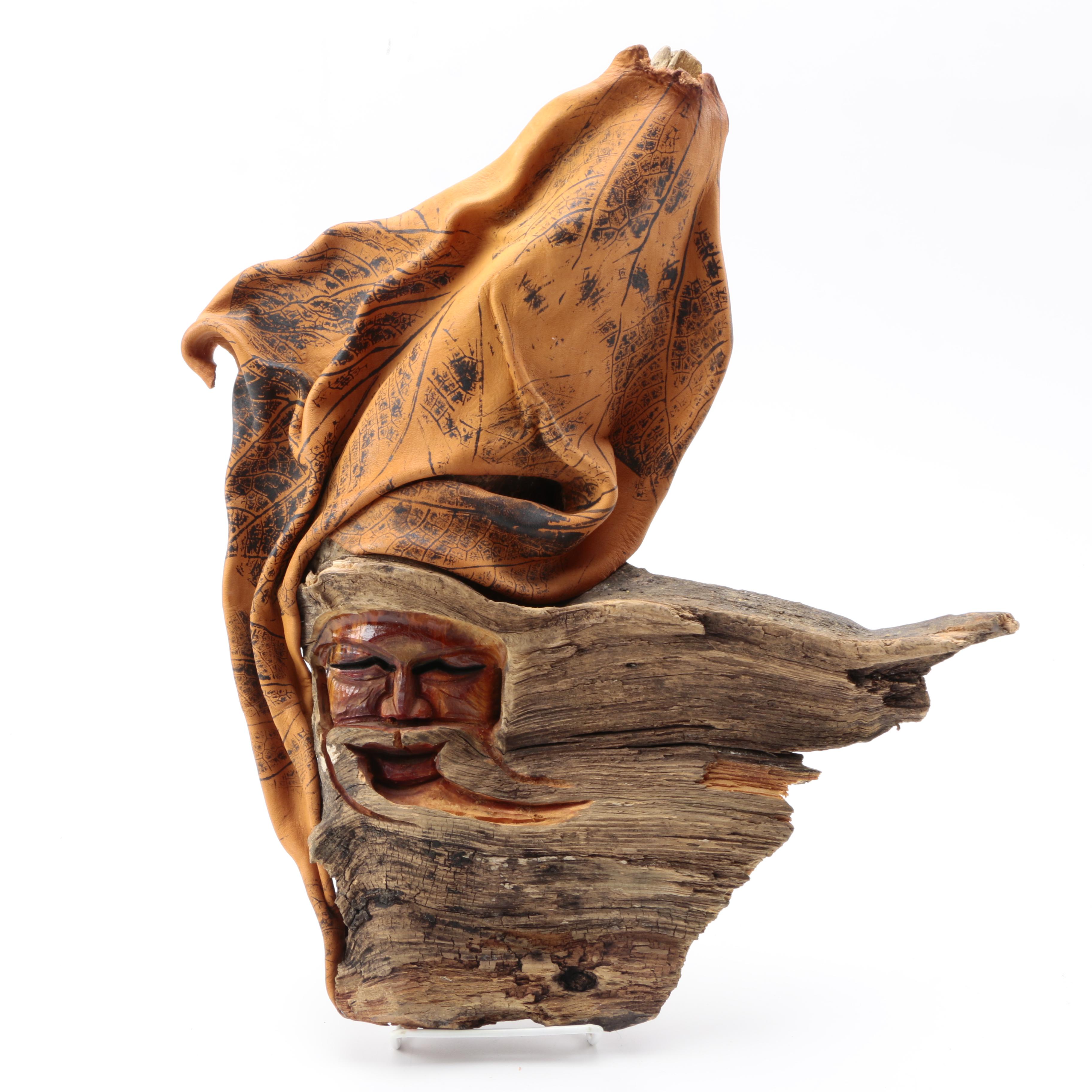 Emi Ogi Carved Wooden and Leather Wall Hanging of Bearded Man