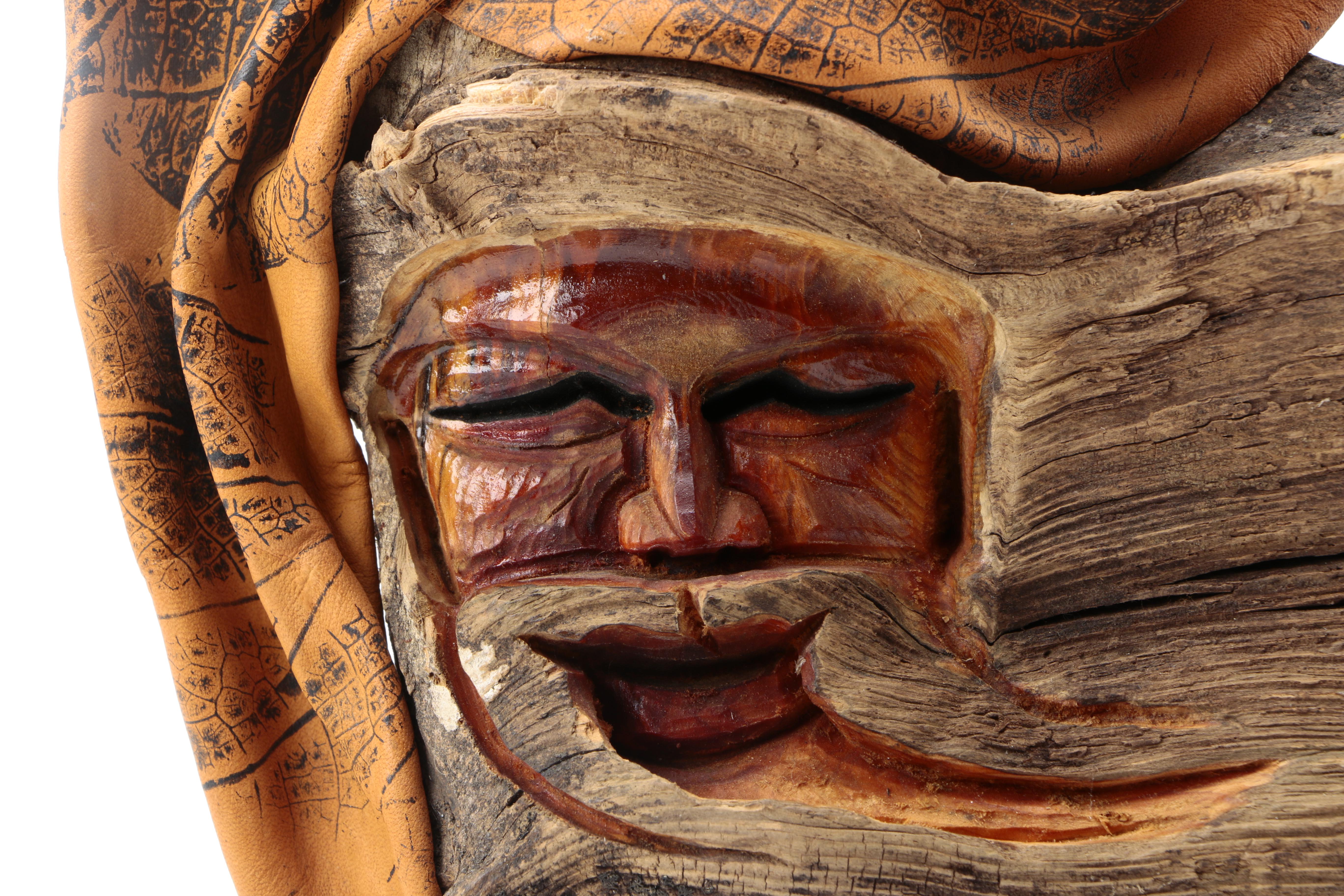 Emi Ogi Carved Wooden and Leather Wall Hanging of Bearded Man