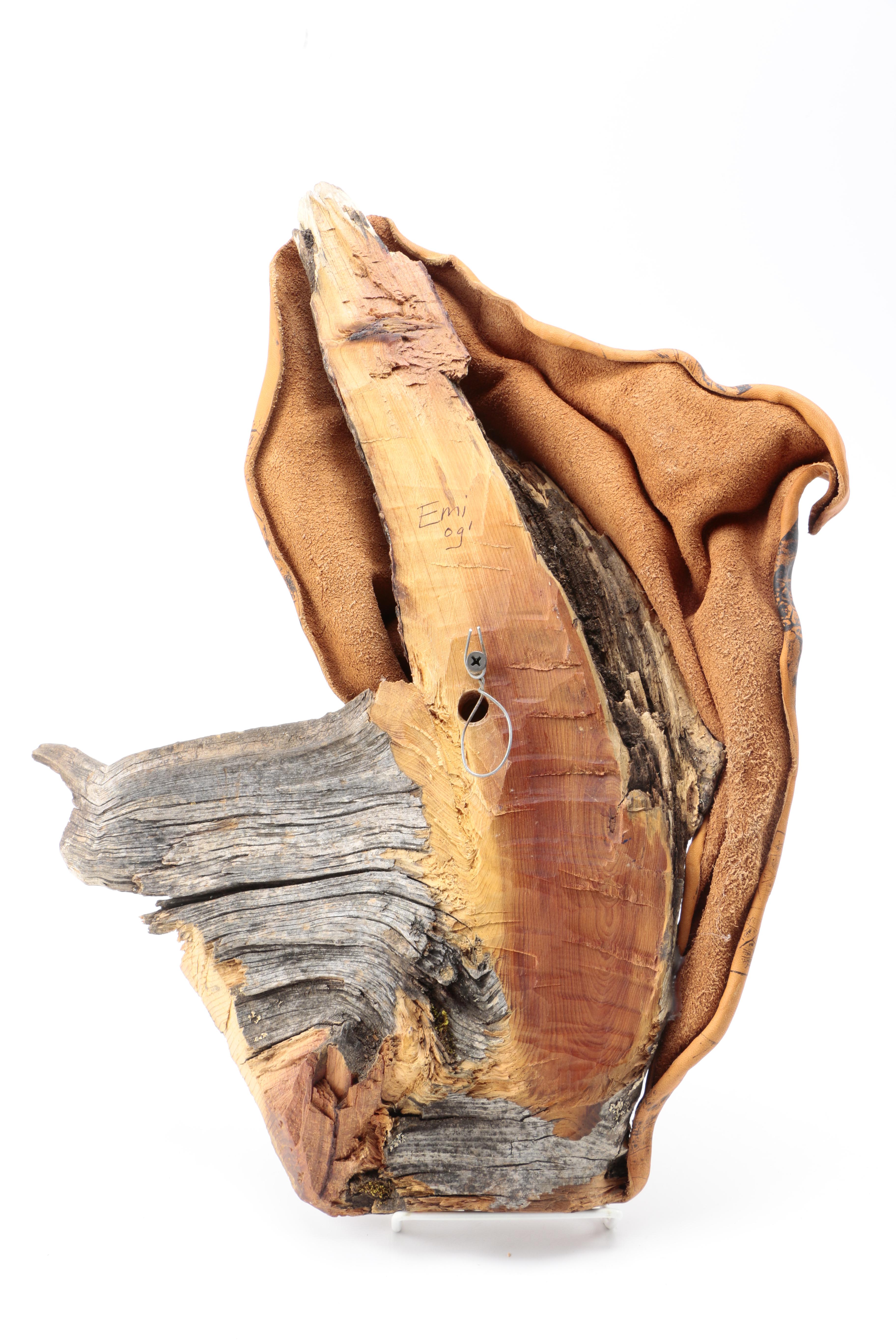 Emi Ogi Carved Wooden and Leather Wall Hanging of Bearded Man