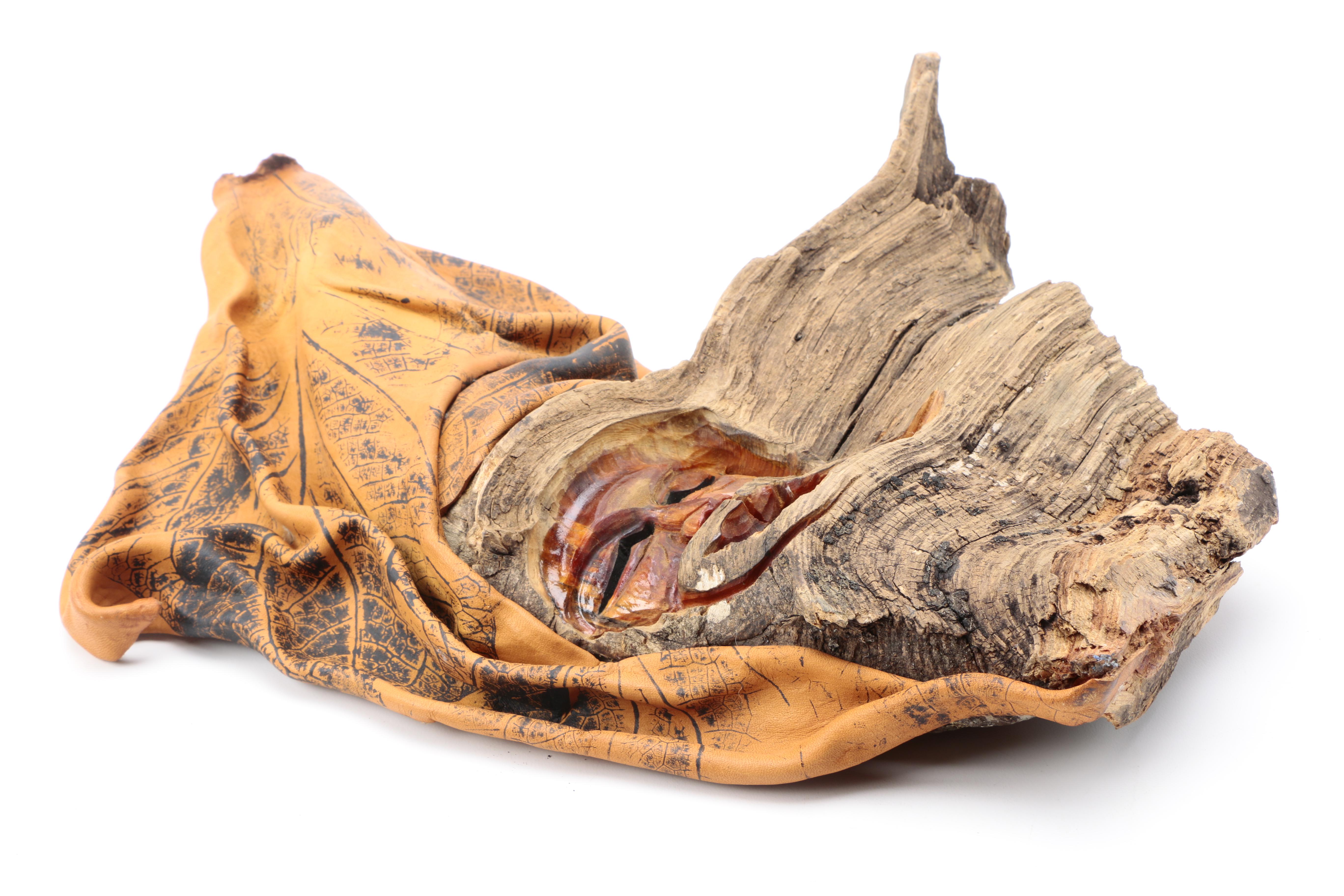 Emi Ogi Carved Wooden and Leather Wall Hanging of Bearded Man