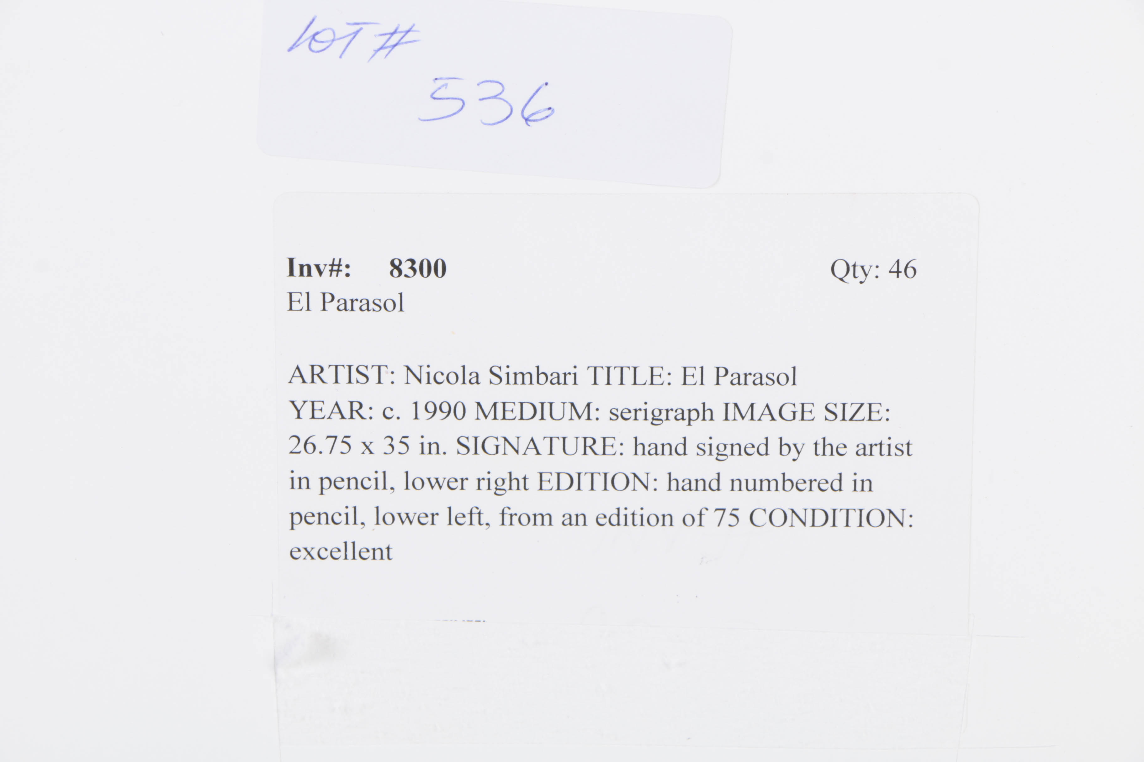 Nicola Simbari Limited Edition Serigraph on Paper "El Parasol"