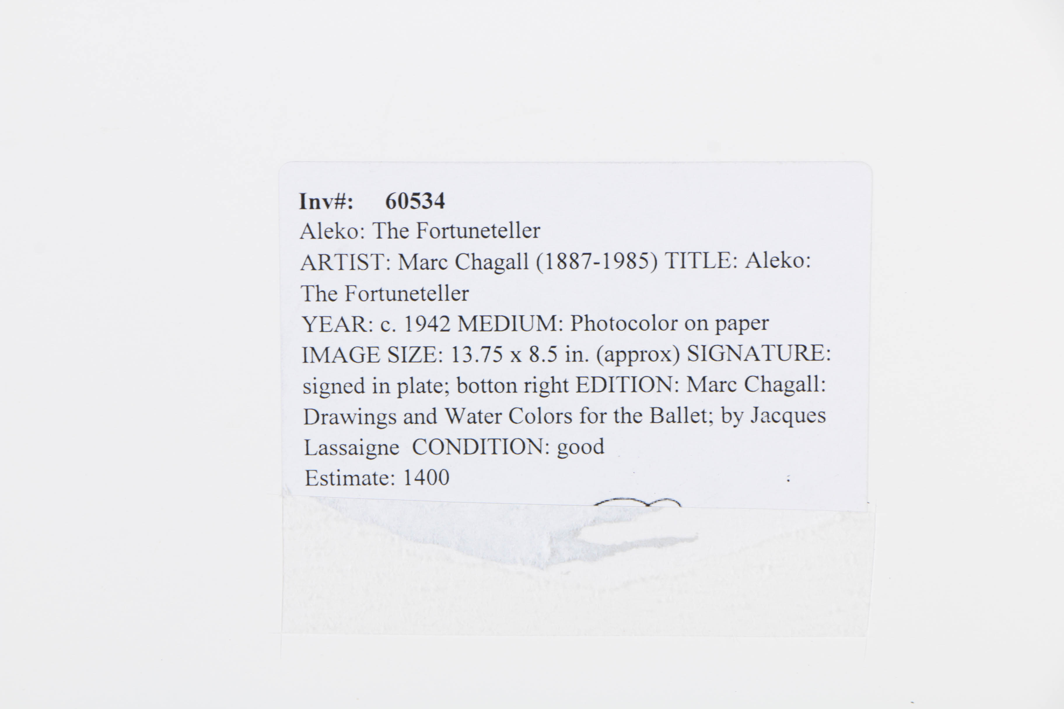 After Marc Chagall Offset Lithograph on Paper "Aleko: The Fortuneteller"