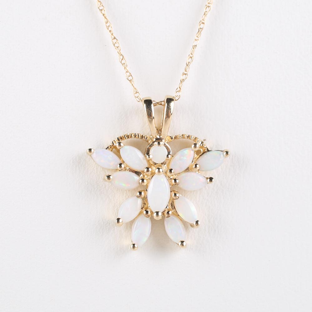 10K Yellow Gold and Opal Butterfly Pendant Necklace