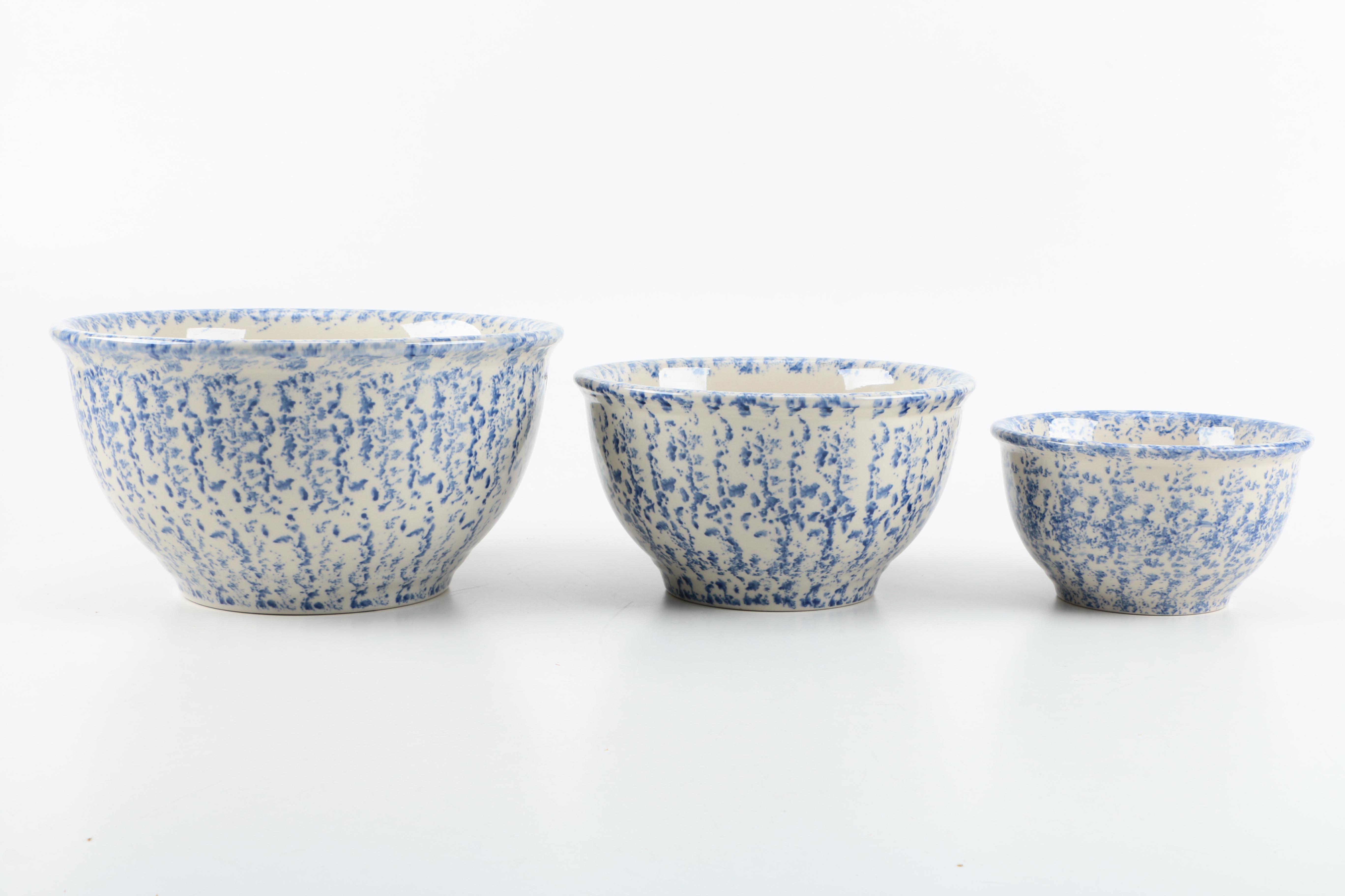 Ceramic Blue Spongeware Mixing Bowls