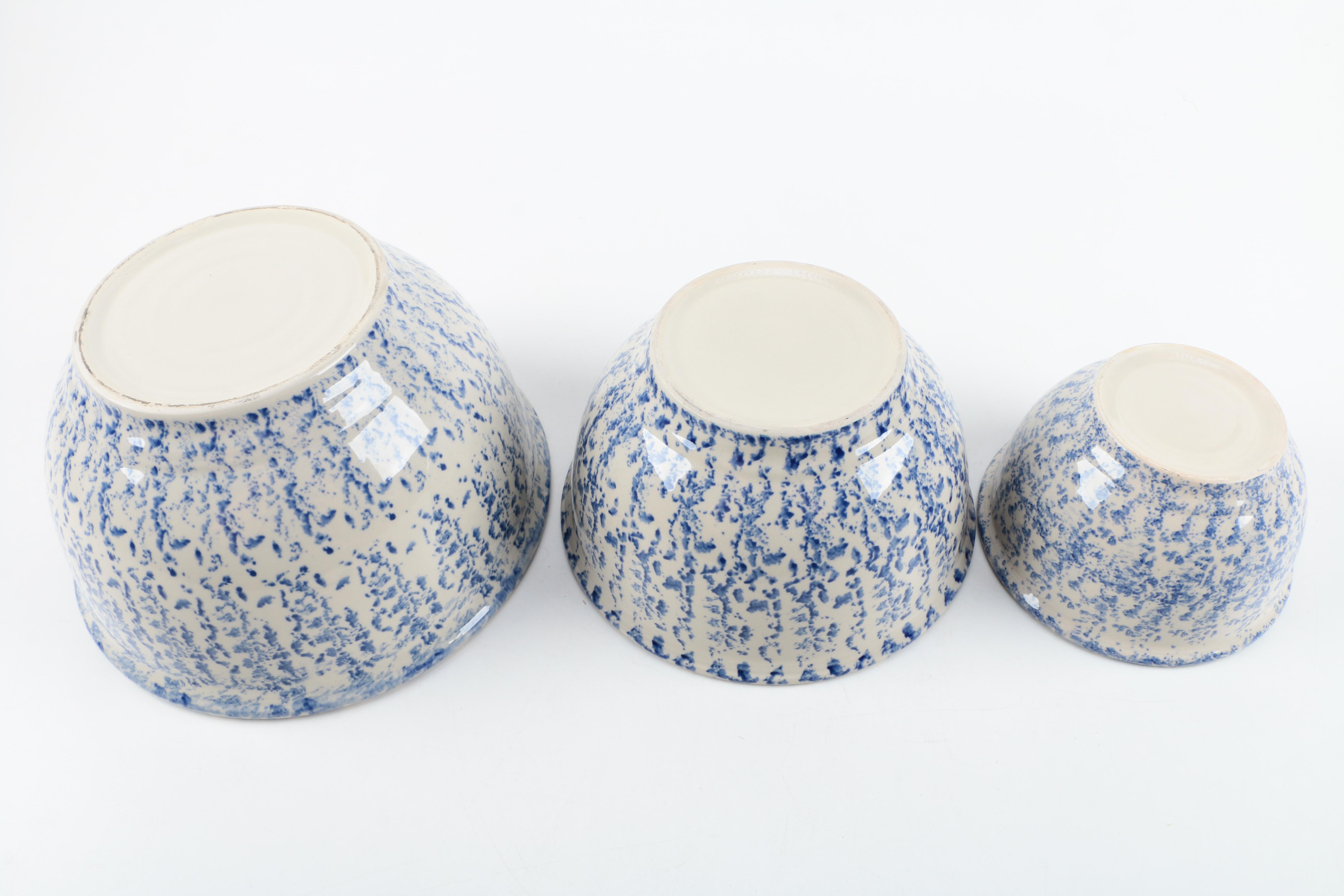 Ceramic Blue Spongeware Mixing Bowls
