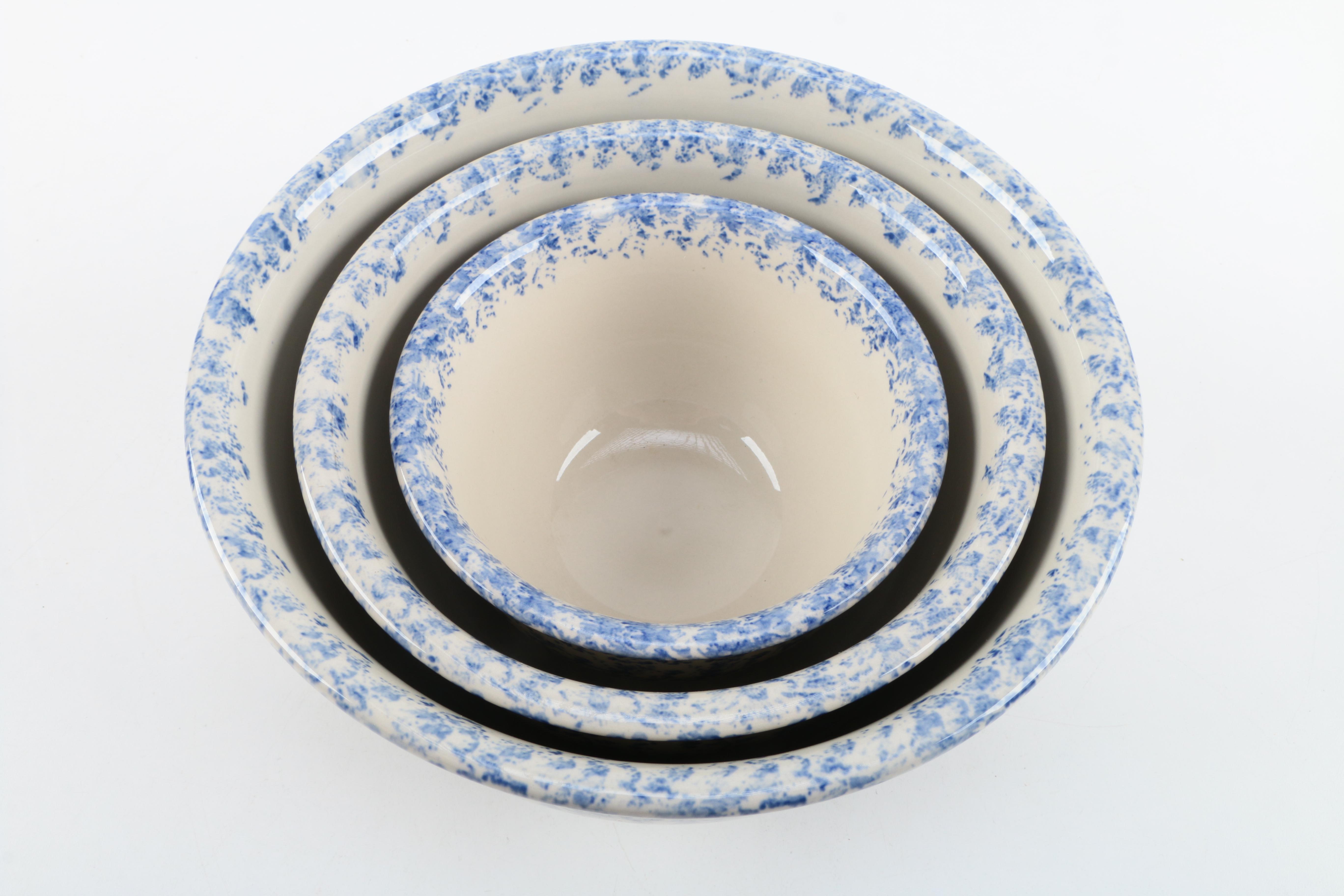 Ceramic Blue Spongeware Mixing Bowls
