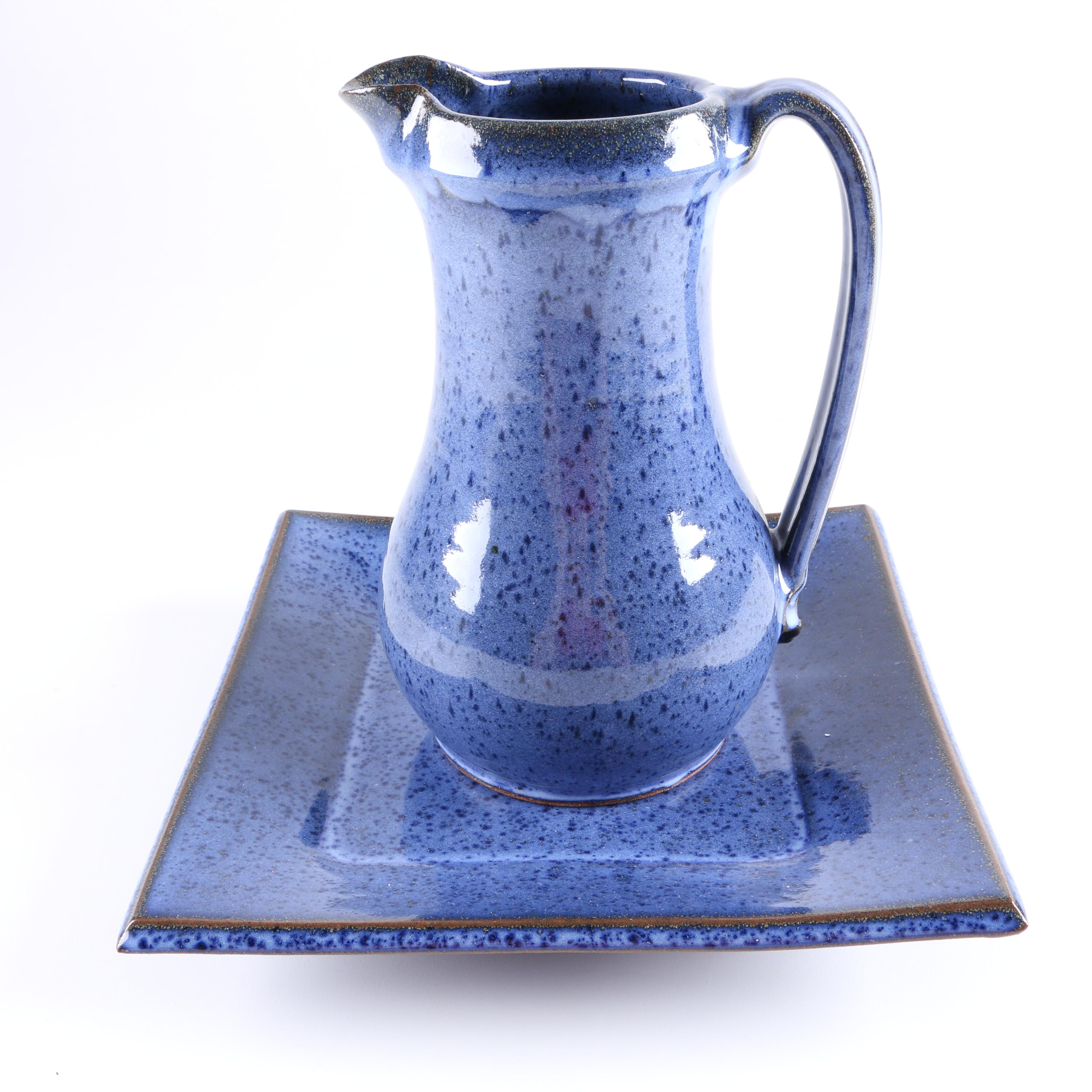 Hand-Decorated Ceramic Pitcher and Tray Set