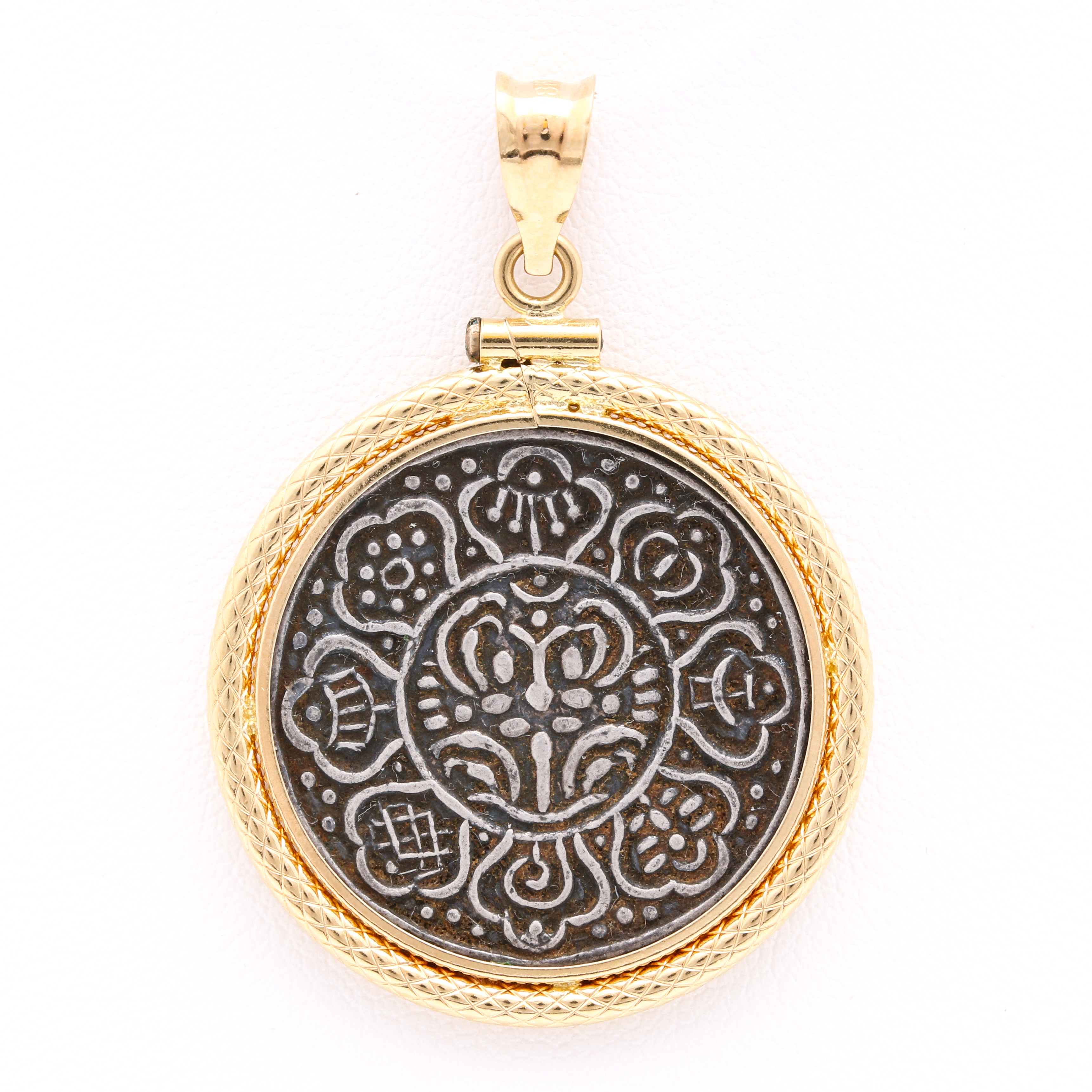 800 Silver Tibet Ga-Den Tangka Coin Pendant With 18K Yellow Gold Finding