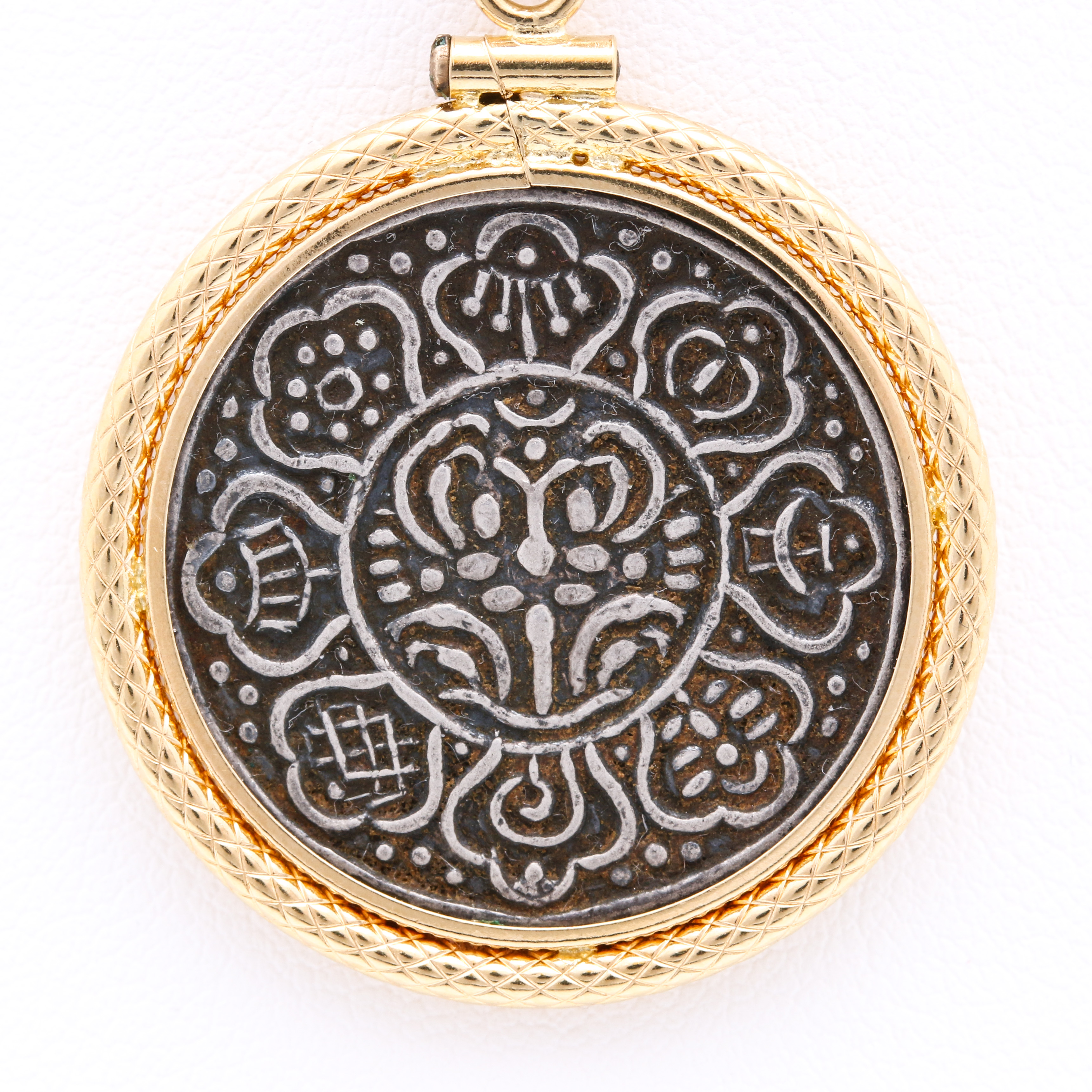 800 Silver Tibet Ga-Den Tangka Coin Pendant With 18K Yellow Gold Finding