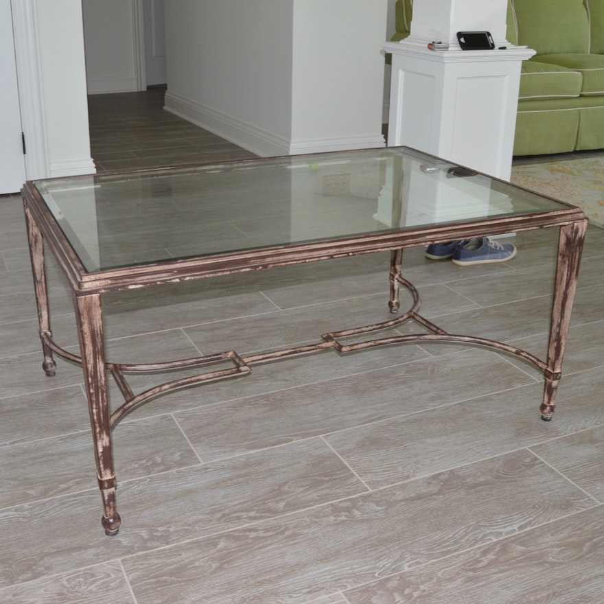 Glass Coffee Table in Whitewash Metal Frame