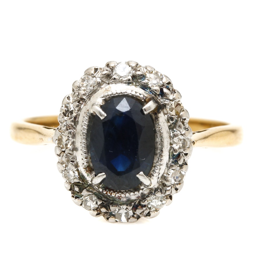 18K Yellow Gold Diamond and Blue Sapphire Ring