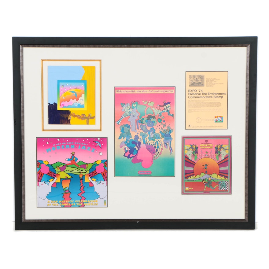 Peter Max Mixed Media Collage on Paper with Stamp and Posters