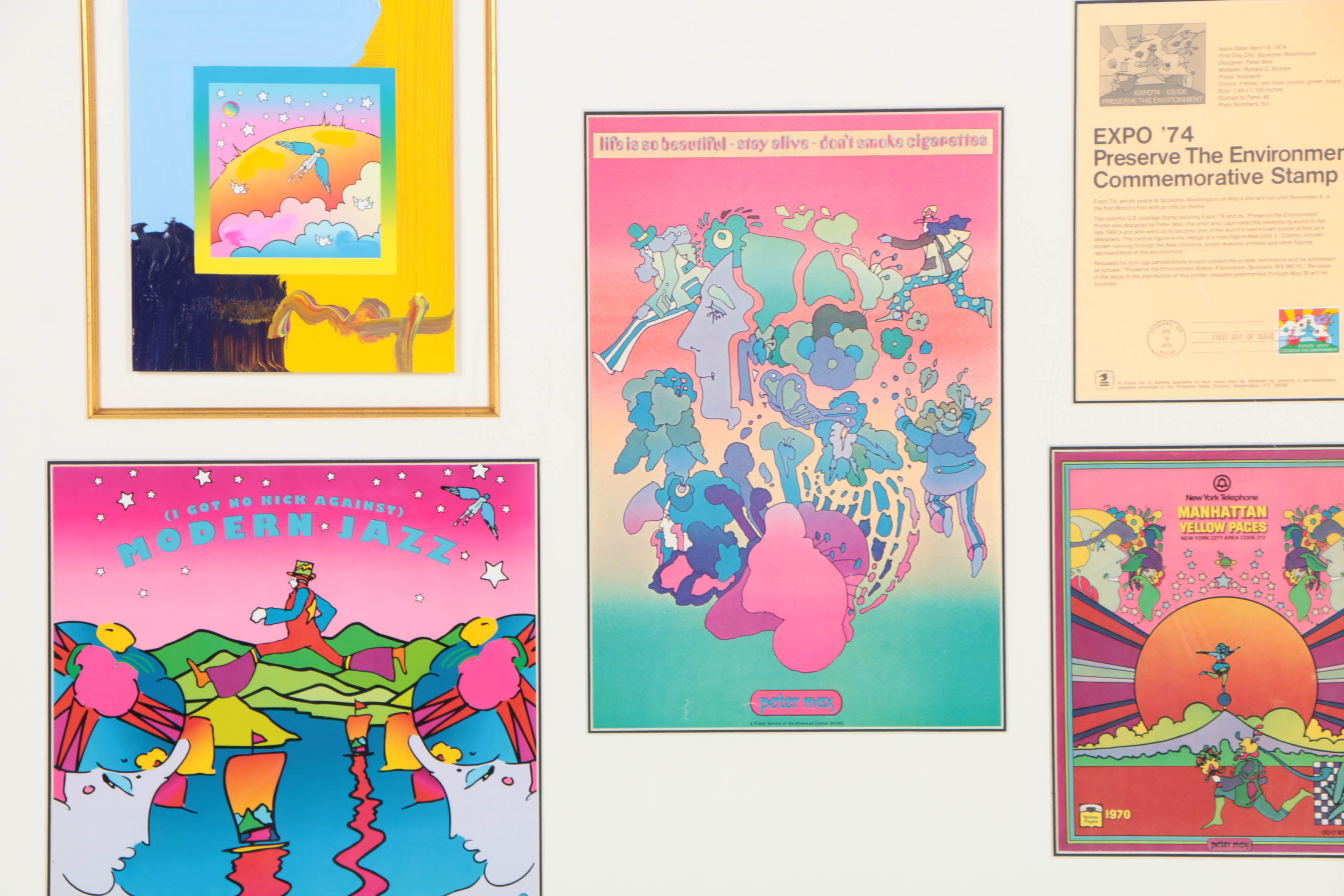 Peter Max Mixed Media Collage on Paper with Stamp and Posters