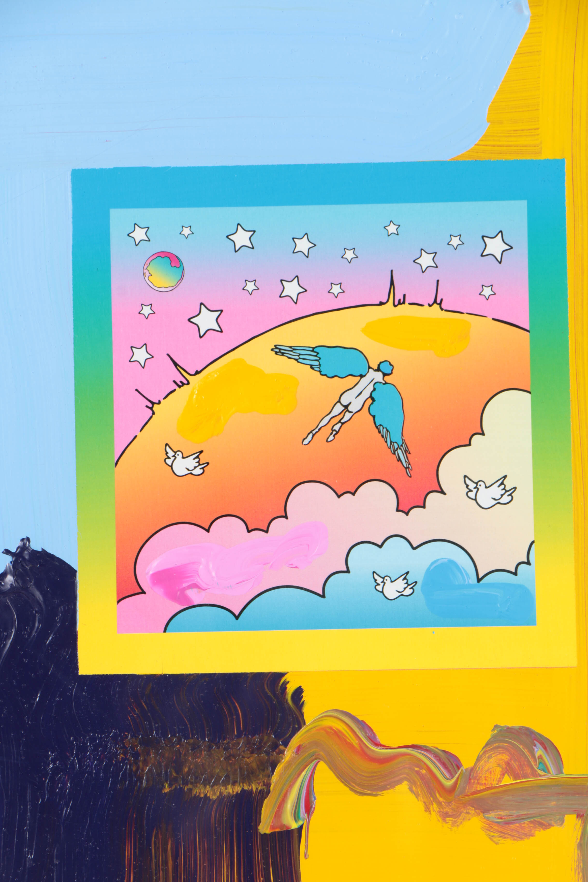 Peter Max Mixed Media Collage on Paper with Stamp and Posters