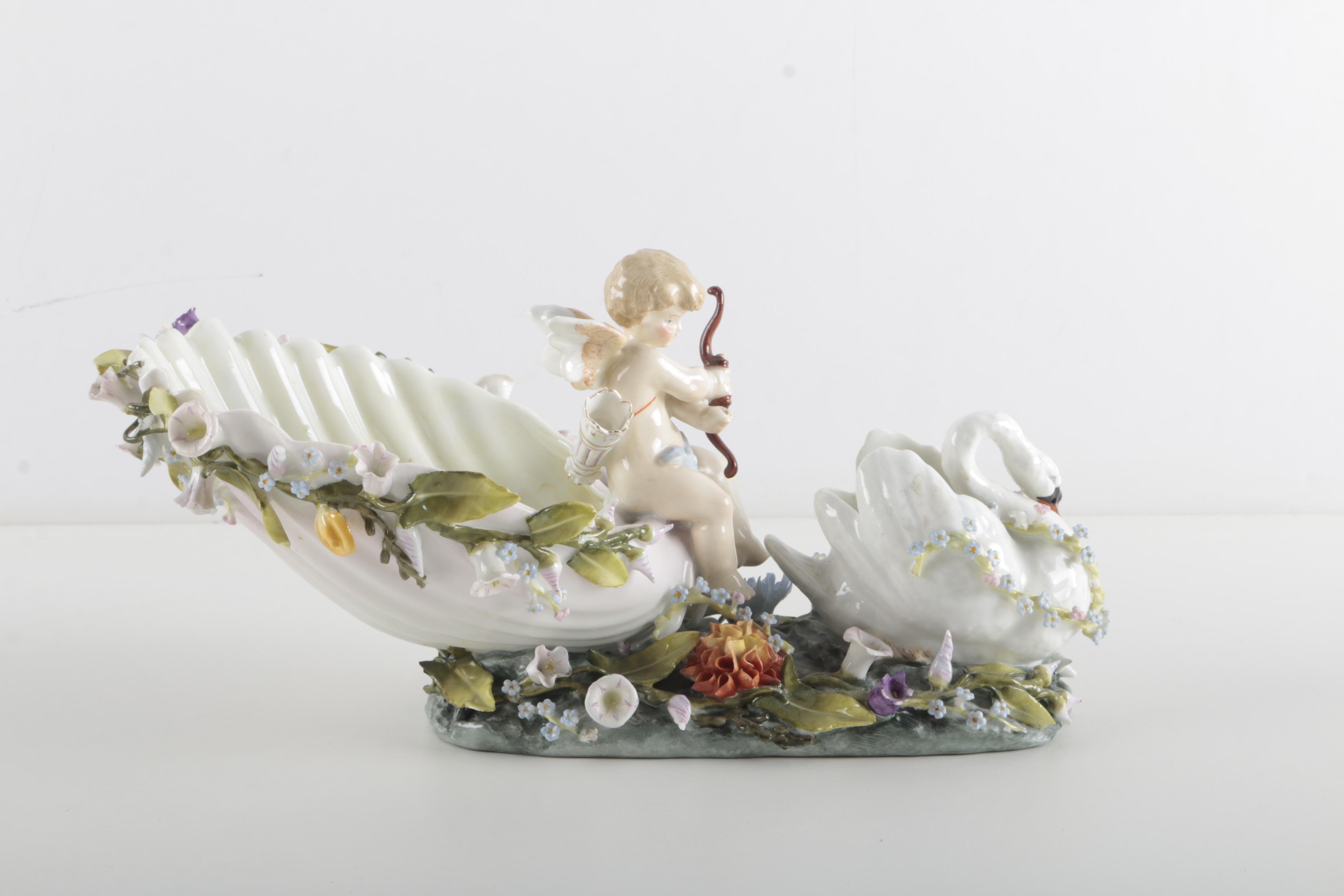 Antique  Cherub and Swan Porcelain Centerpiece Figure