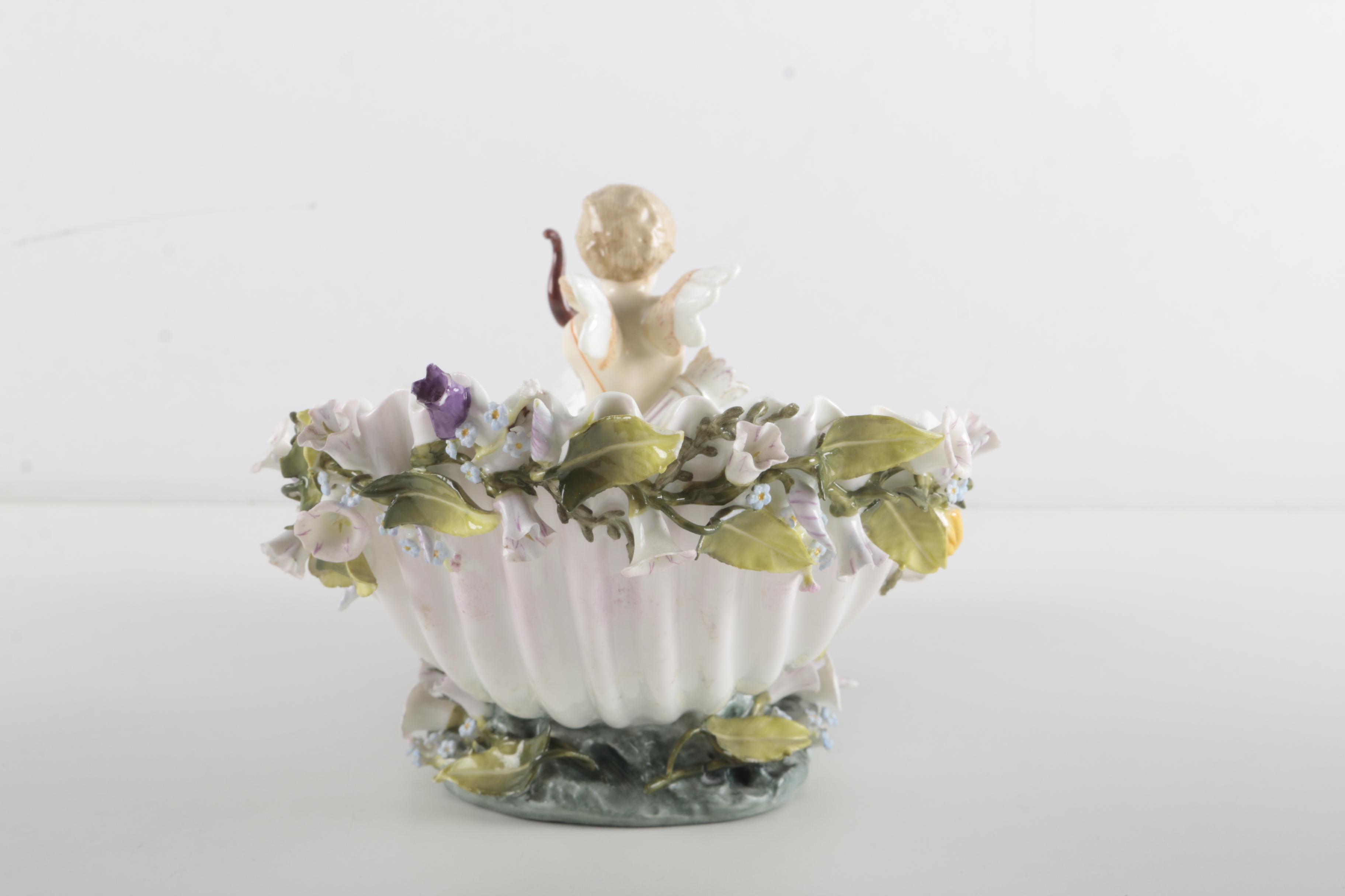 Antique  Cherub and Swan Porcelain Centerpiece Figure