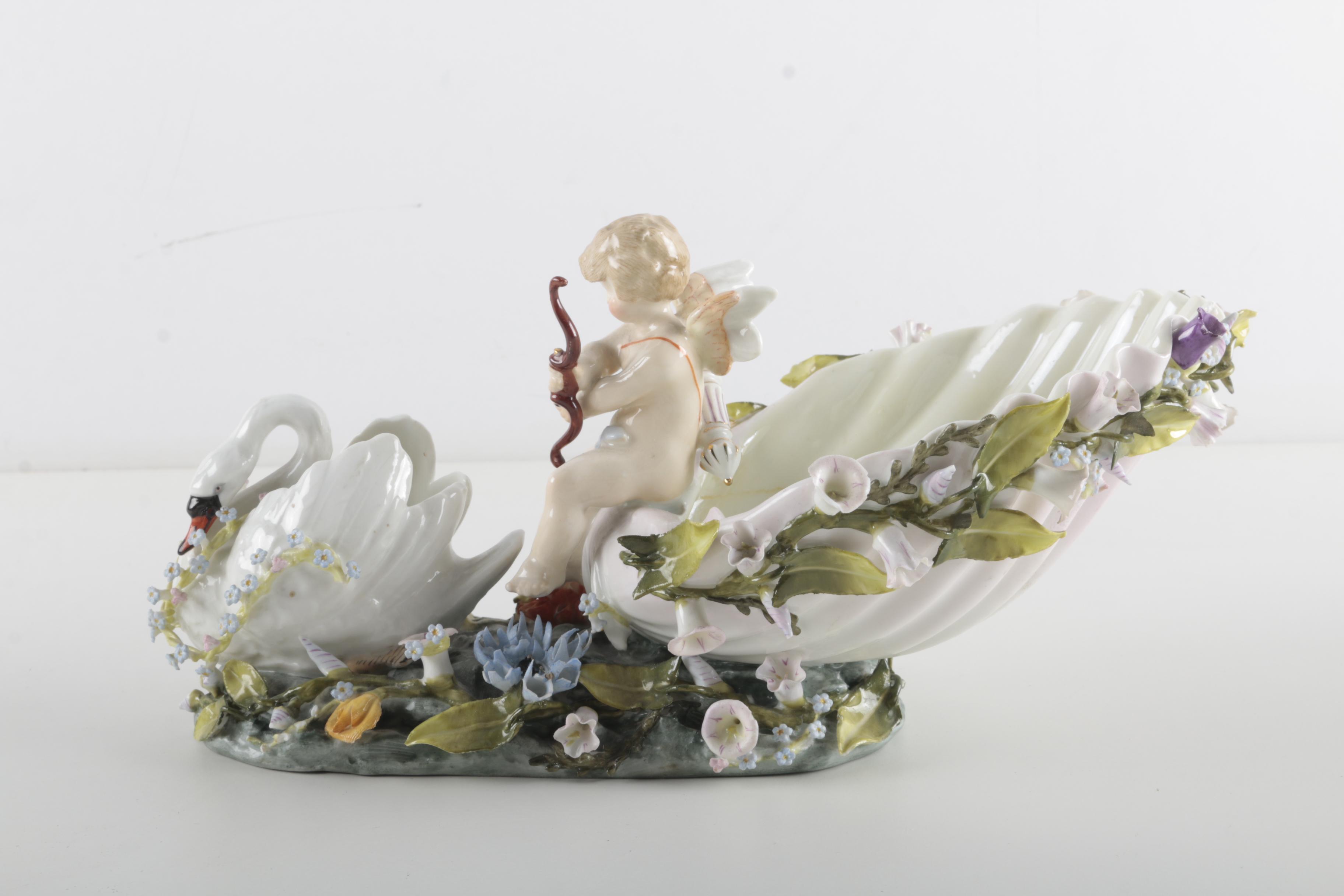 Antique  Cherub and Swan Porcelain Centerpiece Figure