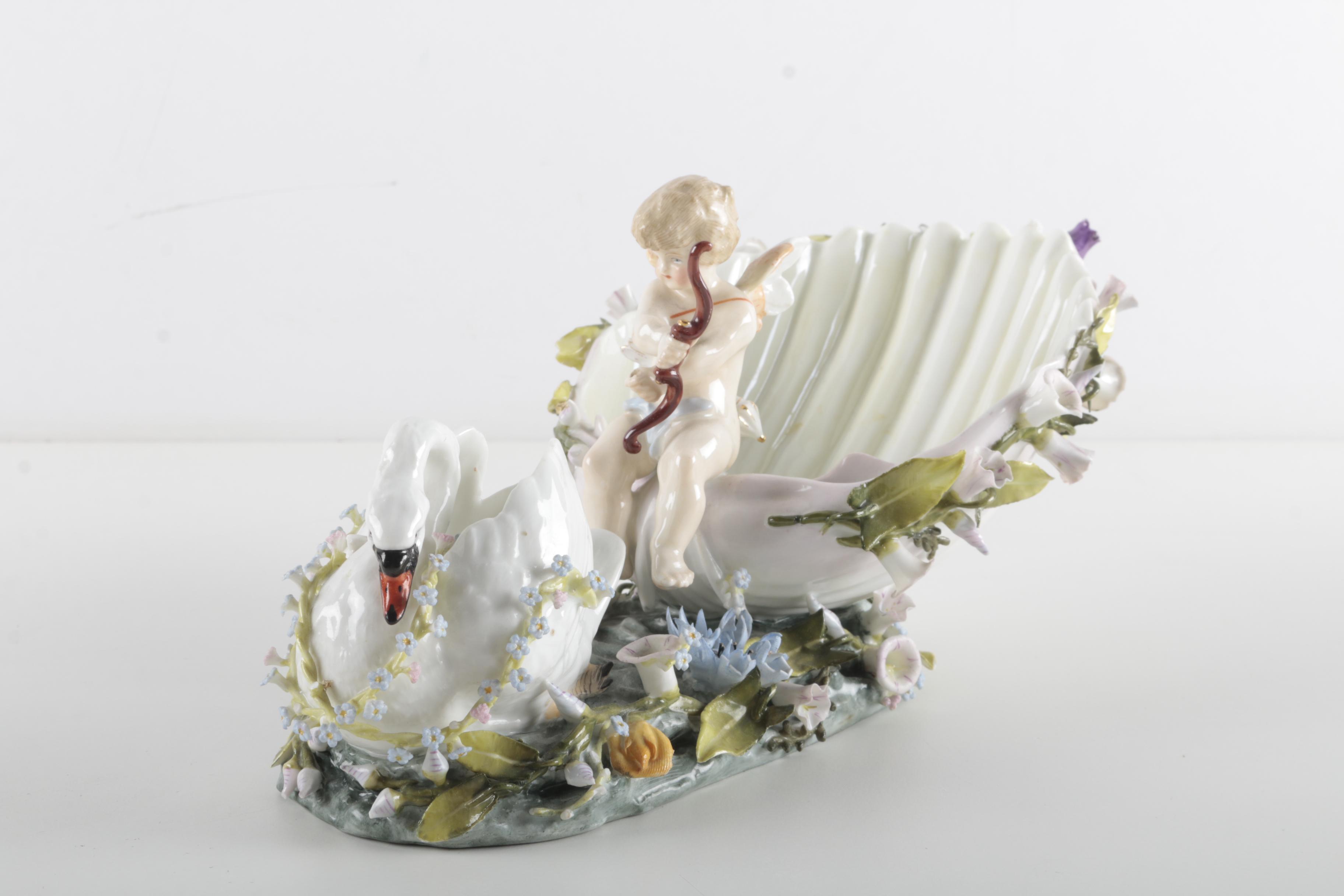 Antique  Cherub and Swan Porcelain Centerpiece Figure