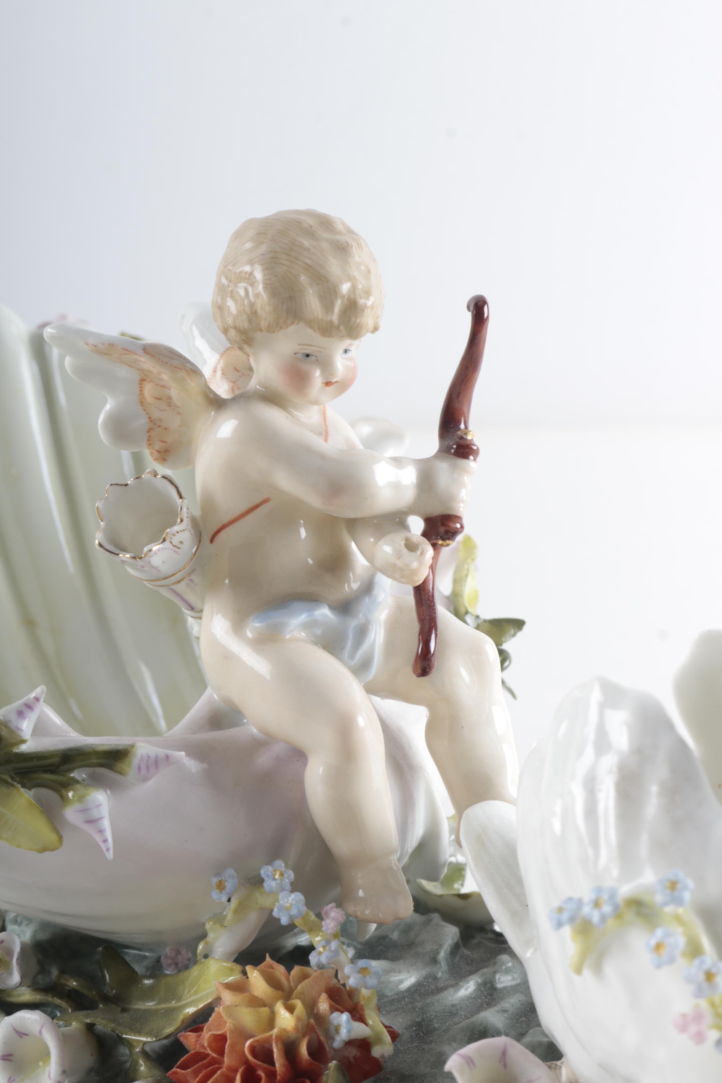 Antique  Cherub and Swan Porcelain Centerpiece Figure