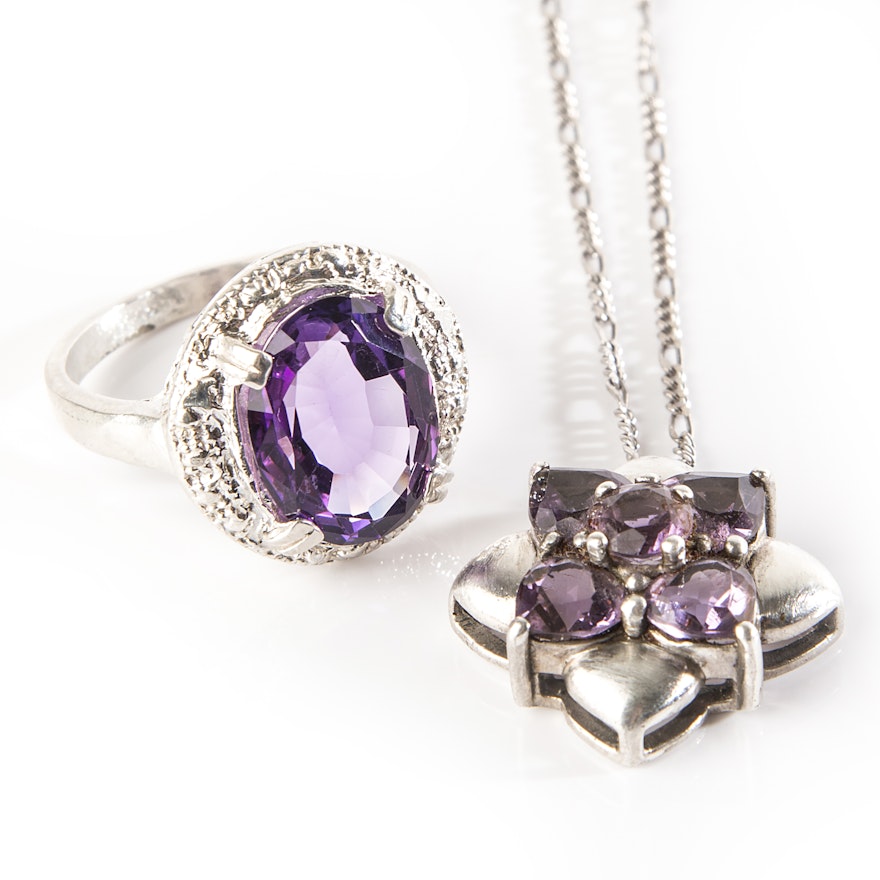 Sterling Silver Amethyst Ring and Pendant Necklace
