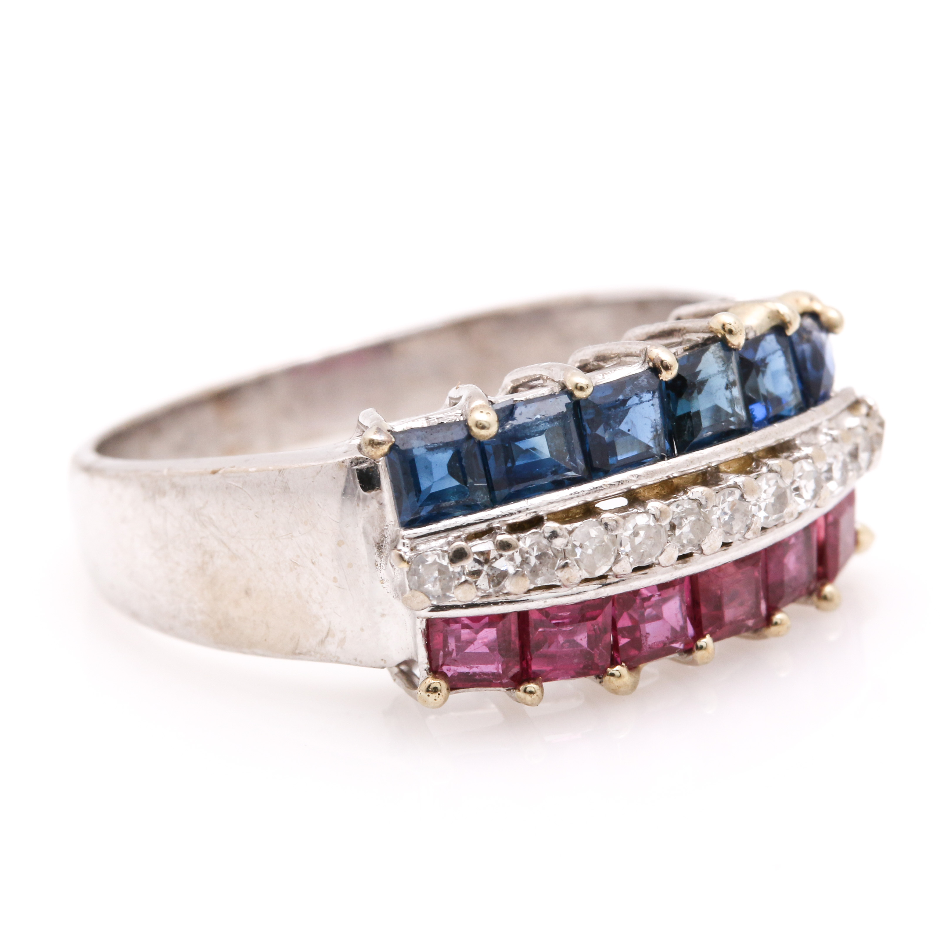 14K White Gold Ruby, Sapphire, and Diamond Ring