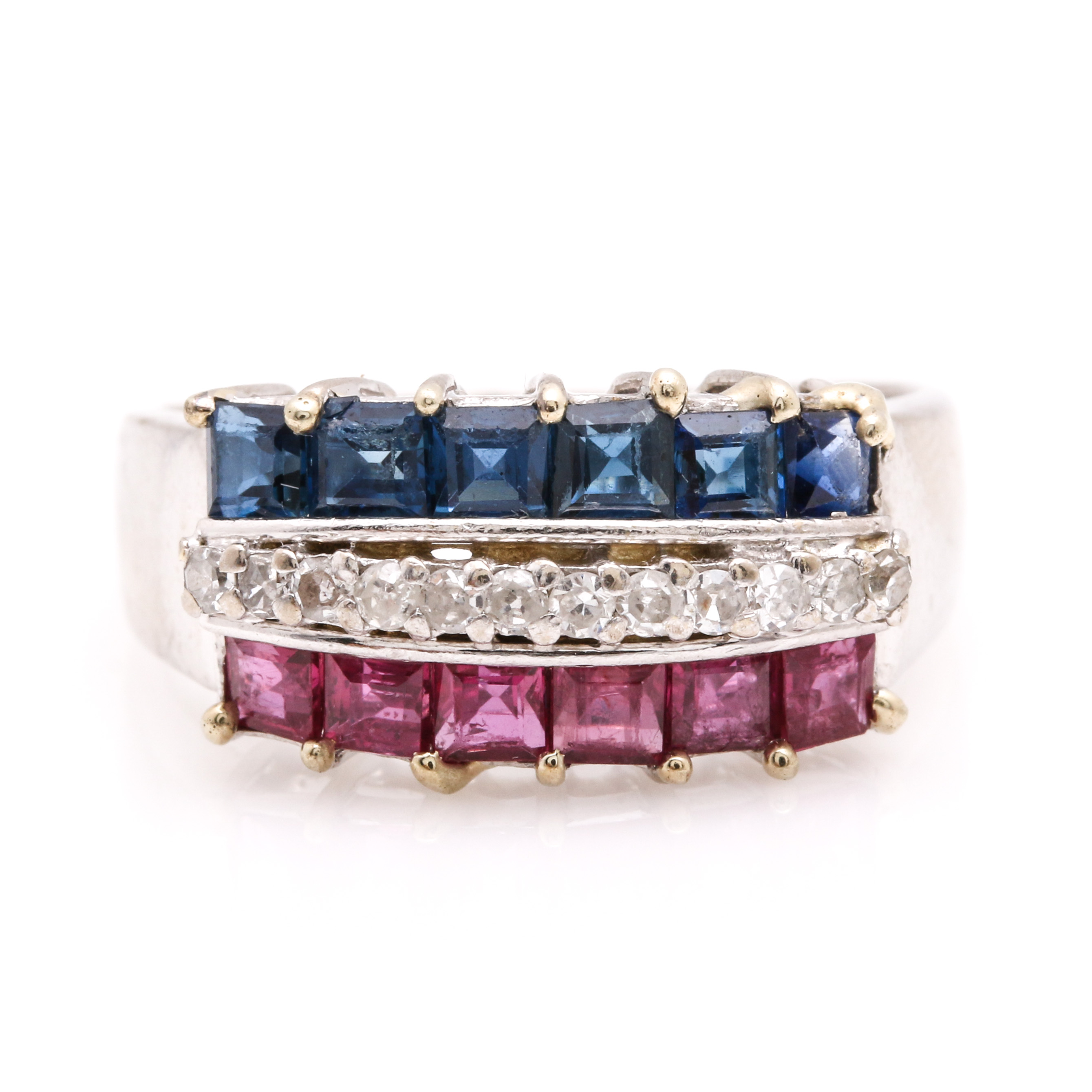 14K White Gold Ruby, Sapphire, and Diamond Ring