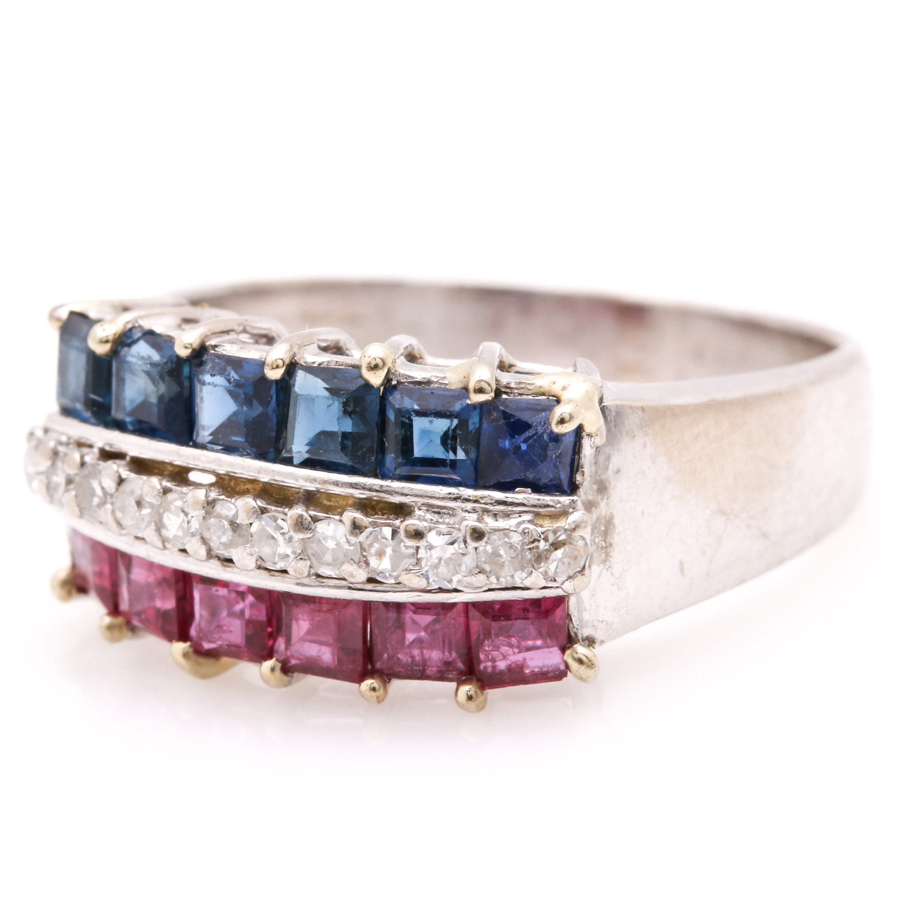 14K White Gold Ruby, Sapphire, and Diamond Ring