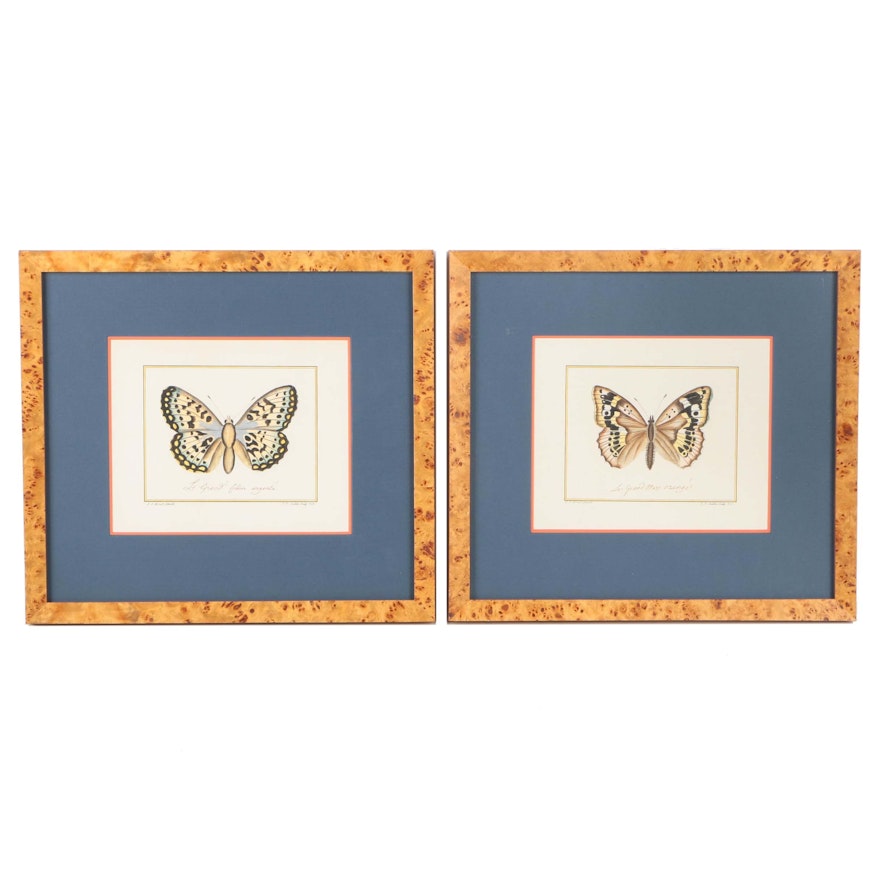 Two Hand Colored Restrike Prints After J.J. Juillet Intaglio Prints of Butterflies