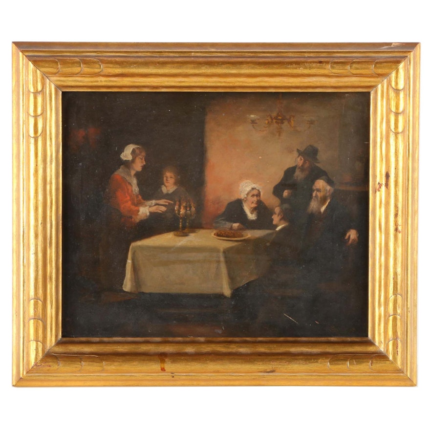 Oil Painting of a Family Dining on Canvas Board