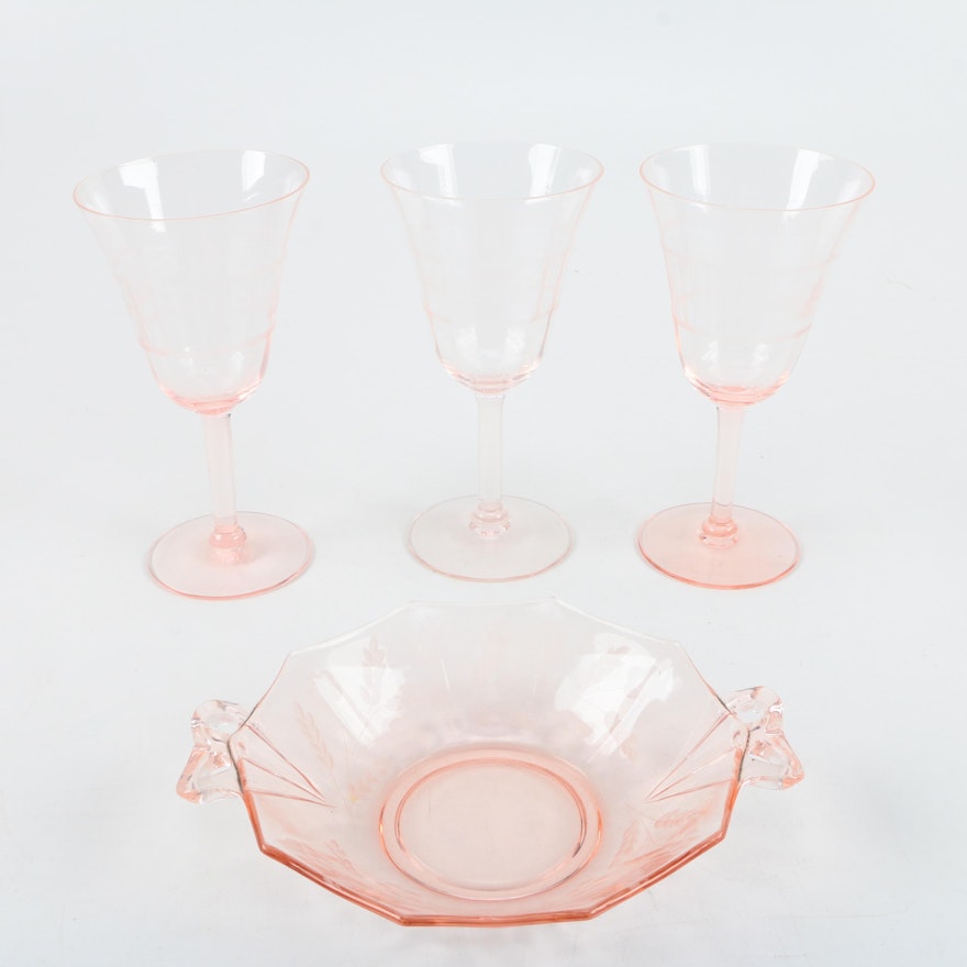 Pink Glass Dish and Glasses