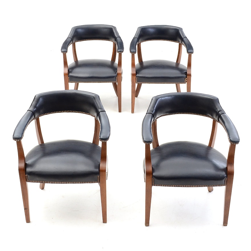 Set of Four Mid-Century Blue Vinyl Upholstered Office Arm Chairs