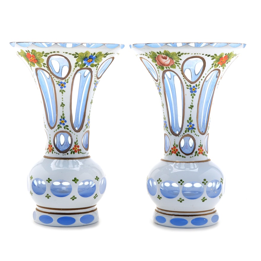Cased Bohemian Cased and Painted Glass Vases