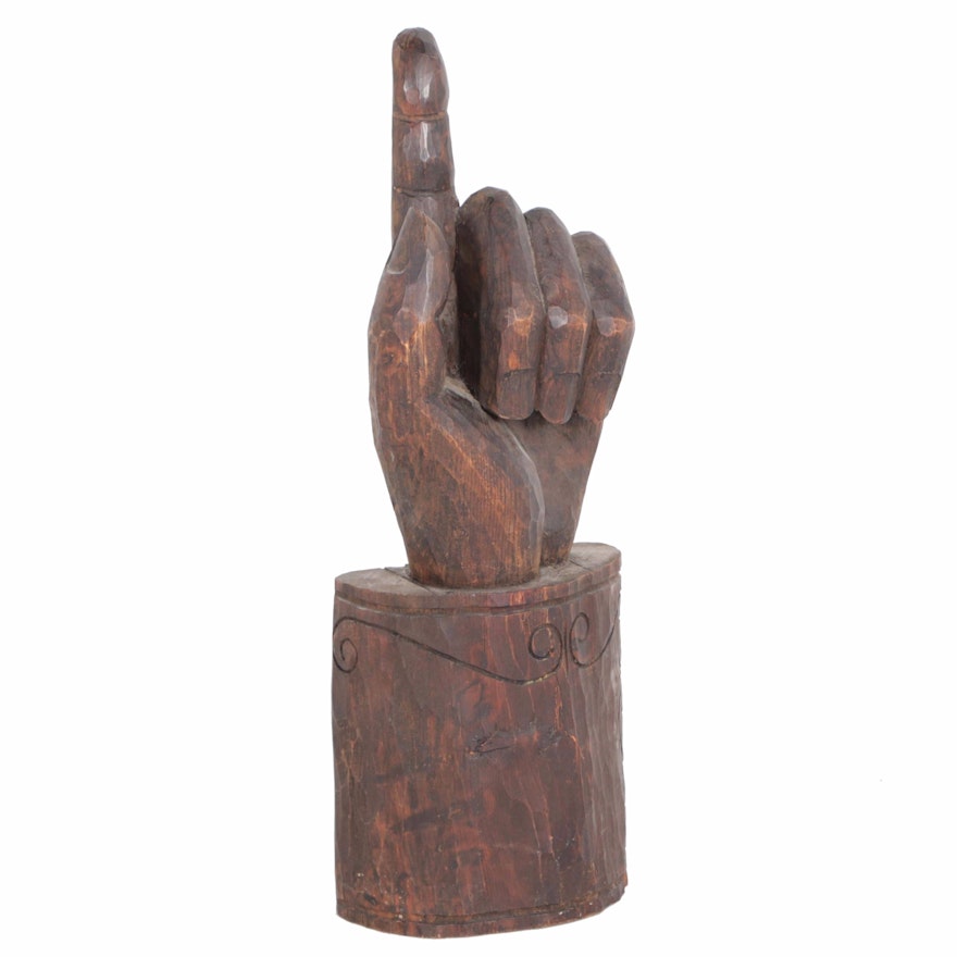 Carved Wooden Sculpture of Pointing Hand