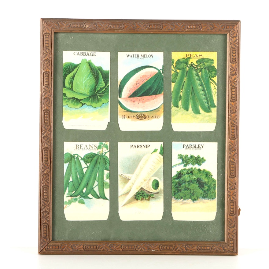 Framed Set of Six Vintage Chromolithograph Seed Packets Including Burt's