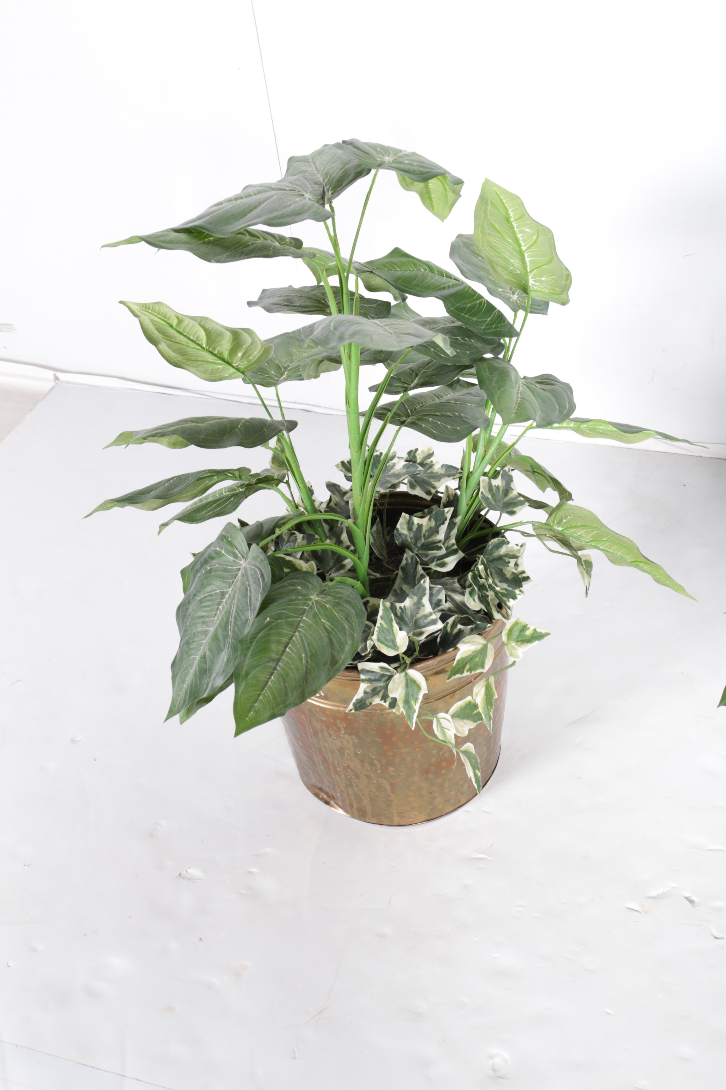 Metal Planters With Faux Greenery