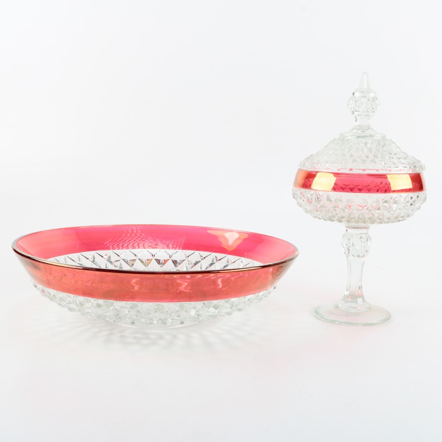 Ruby Red Flash Glass Covered Candy Dish and Bowl Set