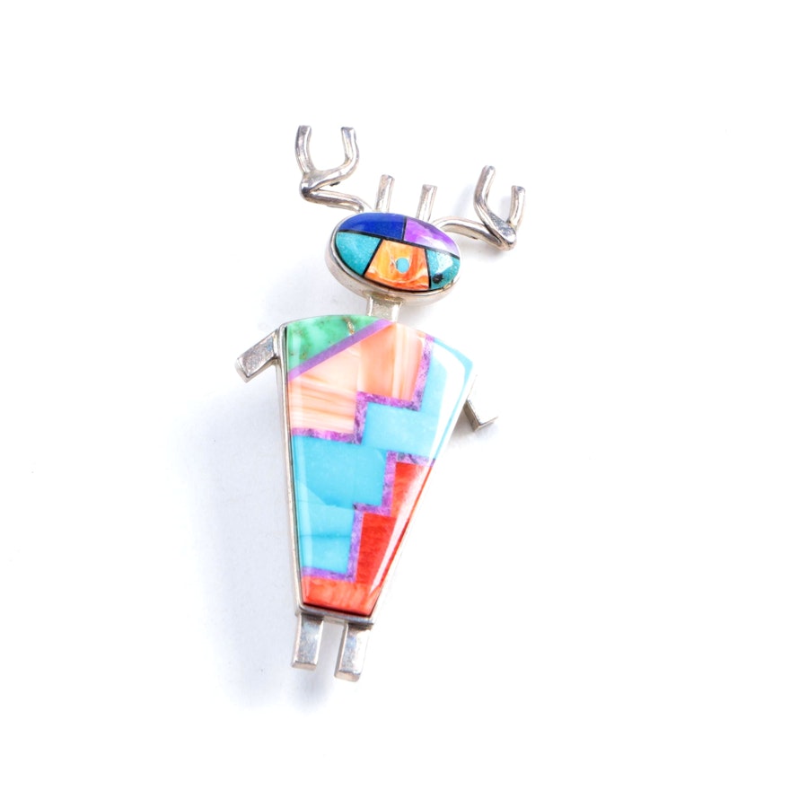 Bryon Yellowhorse "Elk Man" Sterling Silver and Gemstone Pendant/Brooch