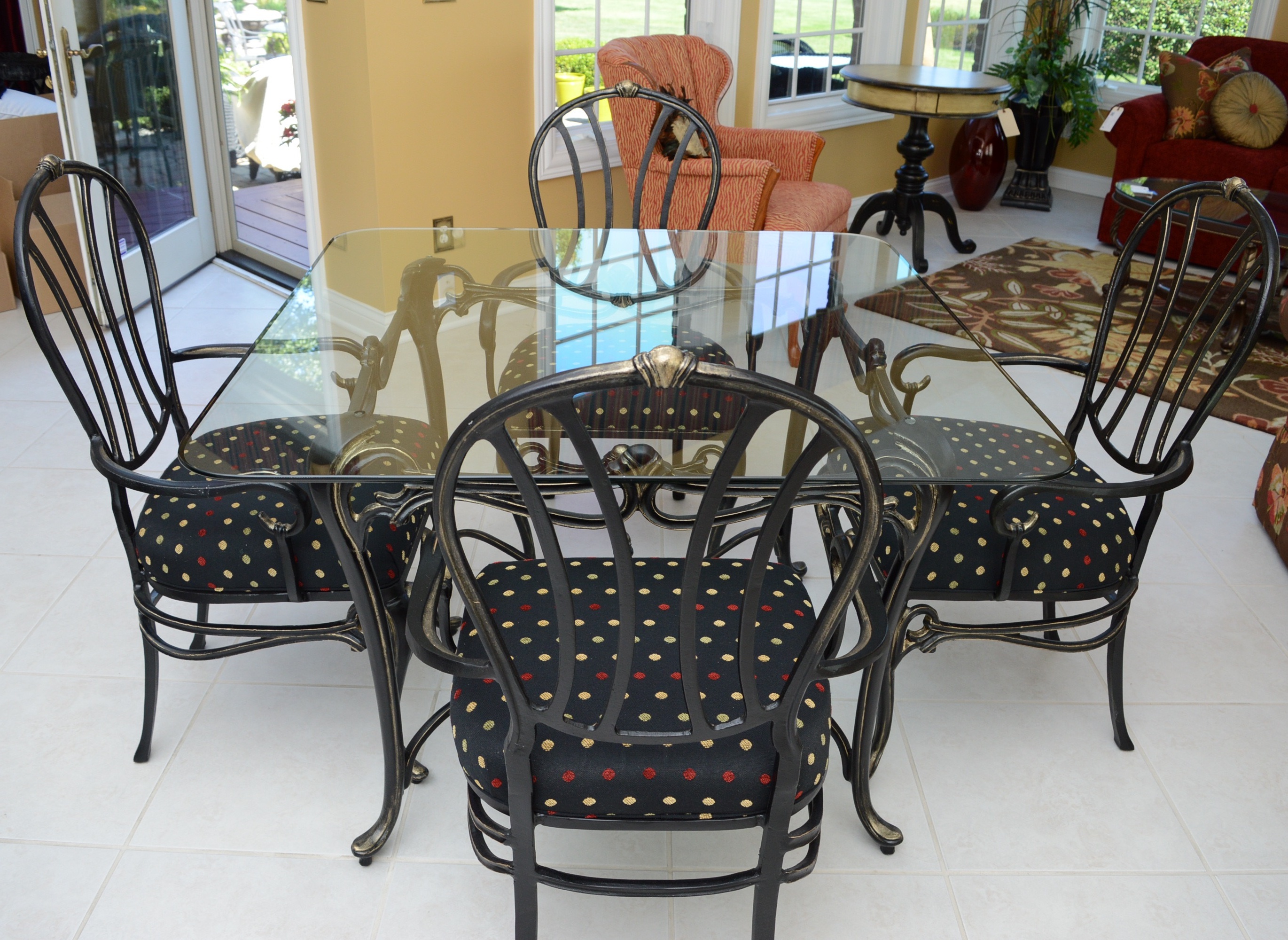 Wrought Iron and Glass Top Dining Table and Chairs