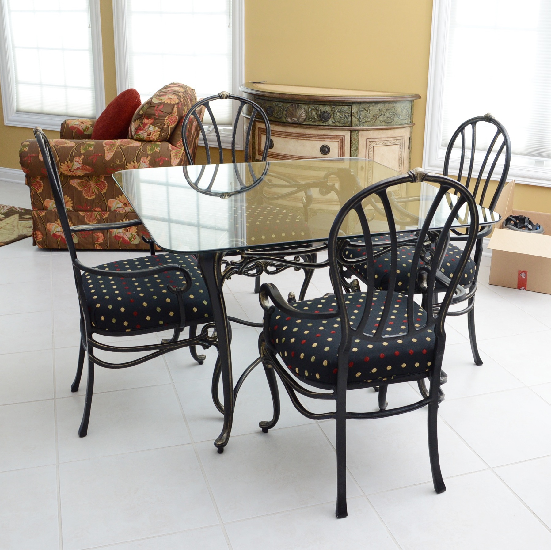Wrought Iron and Glass Top Dining Table and Chairs