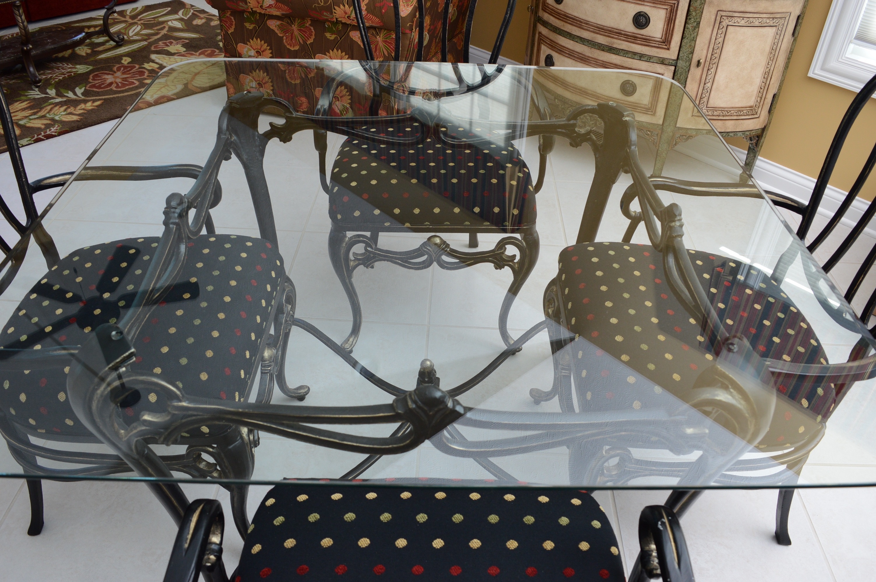 Wrought Iron and Glass Top Dining Table and Chairs