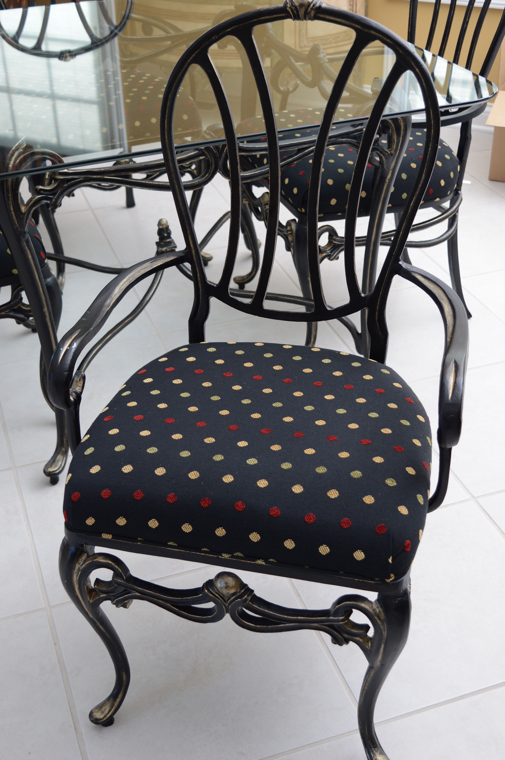 Wrought Iron and Glass Top Dining Table and Chairs