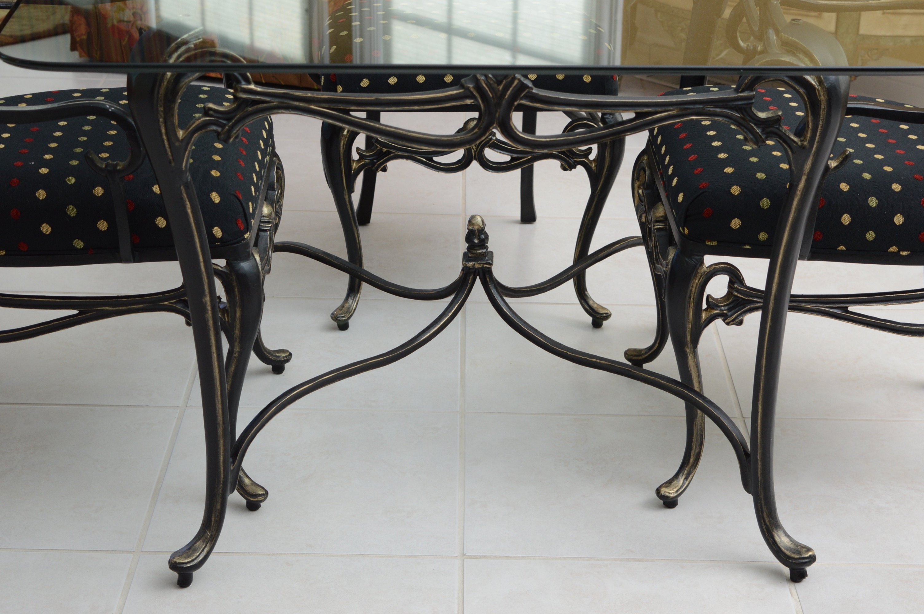 Wrought Iron and Glass Top Dining Table and Chairs
