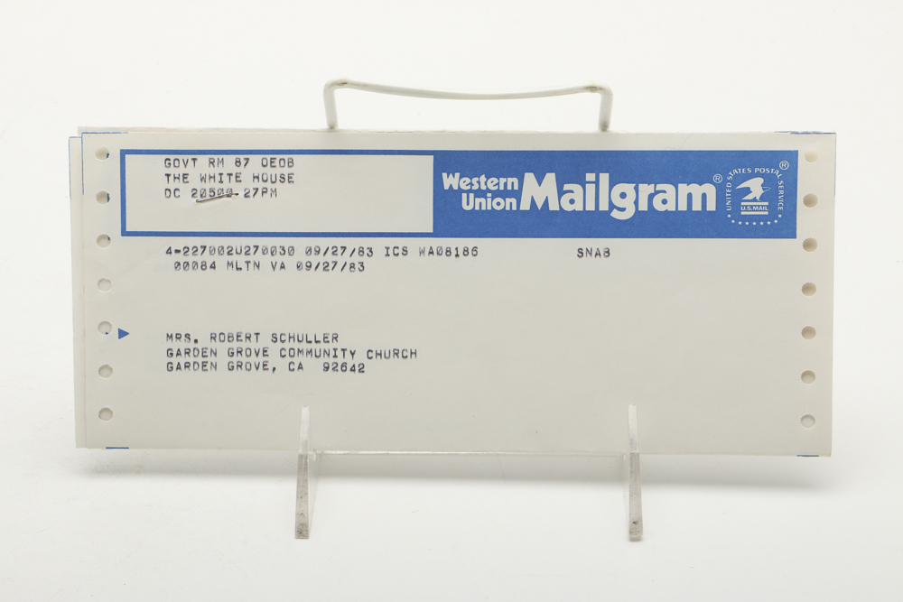 Signed Photo with President Reagan, E.  Doyle and Dr. Schuller